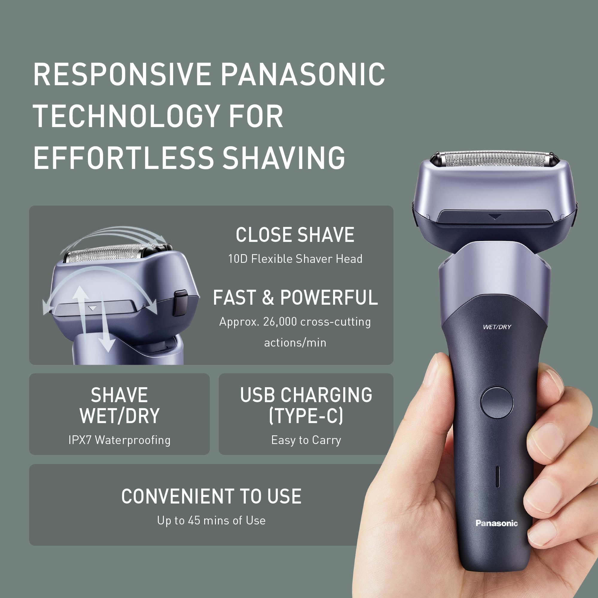 Panasonic Serie 500, ES-ERM3FV503 Serie 500 Rasoio Elettrico Ricaricabile a 3 Lame Wet & Dry, Acciaio Inox Giapponese, Testina Flessibile 10D, IPX7, Ricarica USB-C, Viola