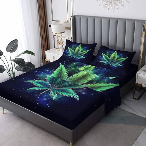 Sábanas de tamaño matrimonial  Sábanas de cama de hoja de marihuana de cannabis, microfibra suave, bolsillo profundo, sábanas y fundas de almohada