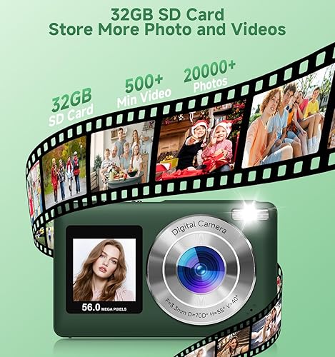 Miniatura 7 de Cámara digital, cámara de doble pantalla de 183.7 ft y 2.7 K, cámaras digitales con tarjeta de 32 GB, zoom de 18X, 20 filtros (verde profundo)
