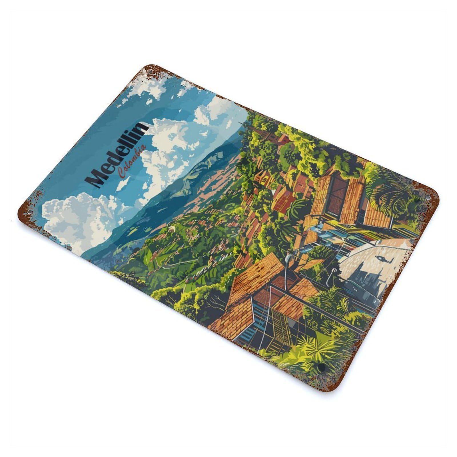 Rust Effect Medellin Colombia Travel Decorative Tin Sign 11.8"x7.9", Rustic Home Decor for Cafe, Home Bar And Lounge Decor