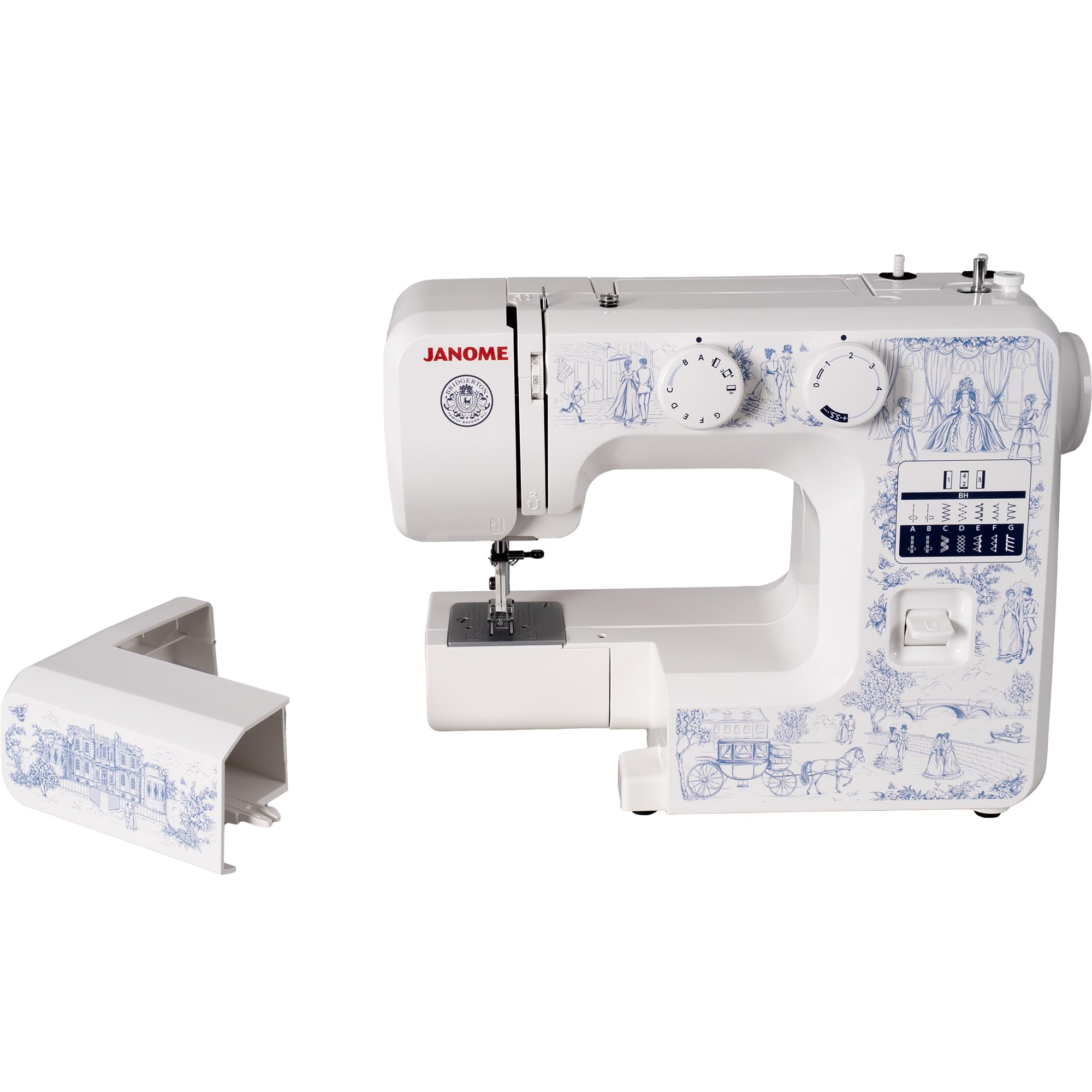 Janome Toile Romance - Máquina de coser de 15 puntadas fácil de usar con licencia oficial de la colección Bridgerton