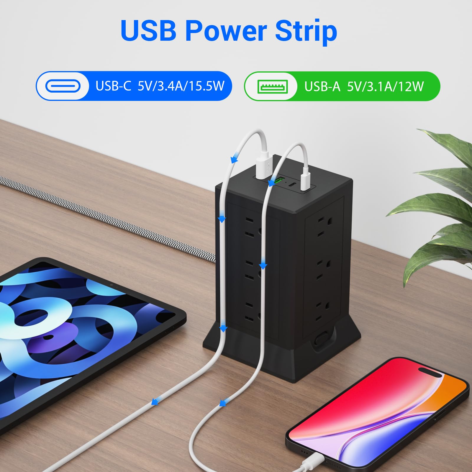 Wieża zasilająca z wieloma gniazdami, przedłużka 5 m, płaska wtyczka z 12 gniazdami AC, 4 porty USB (2 USB C), ochrona przed przepięciem
