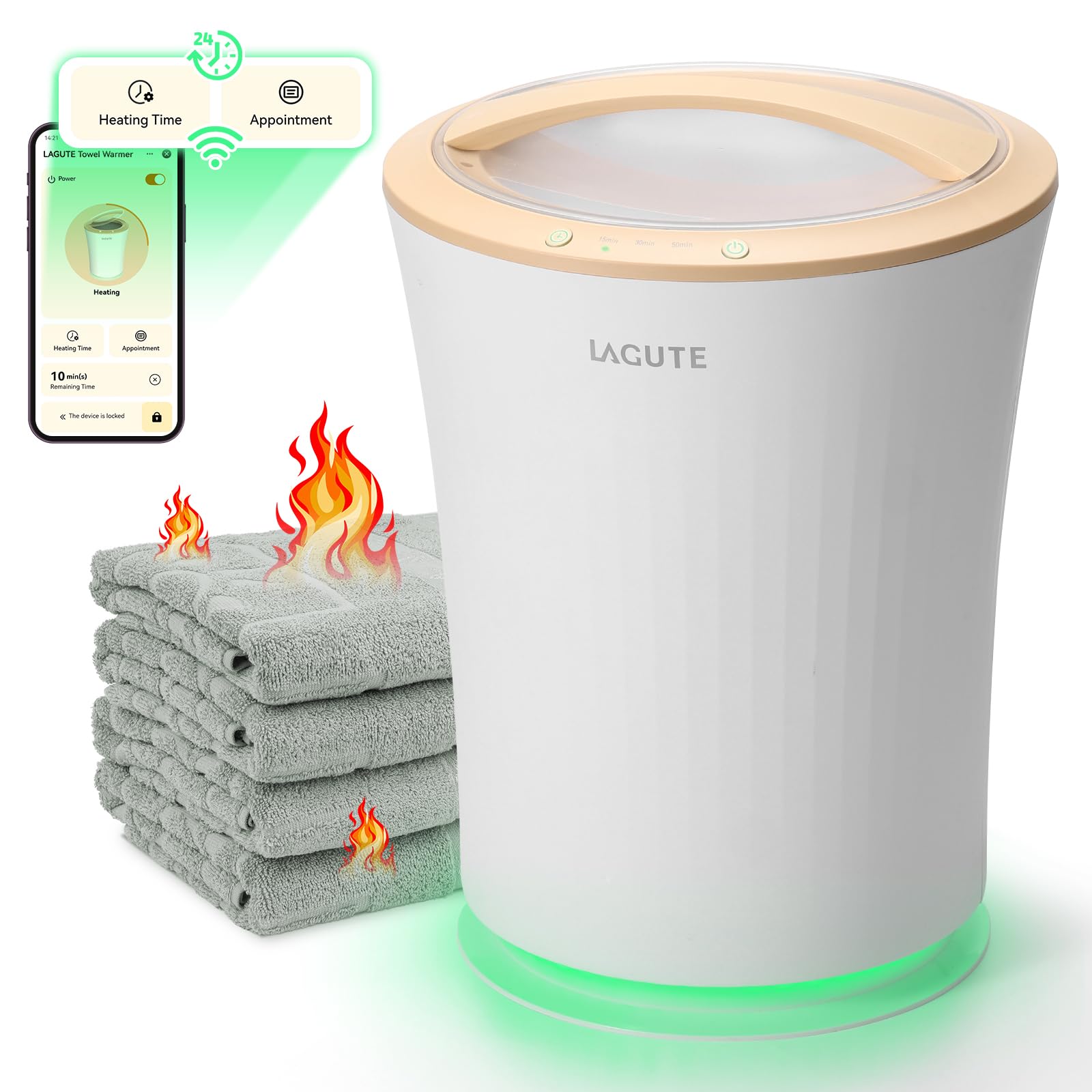 Lagute Bathroom Towel Warmers Bucket with WiFi Control and Time Appointment, Warning Alarm RGB Light, Warm Beige