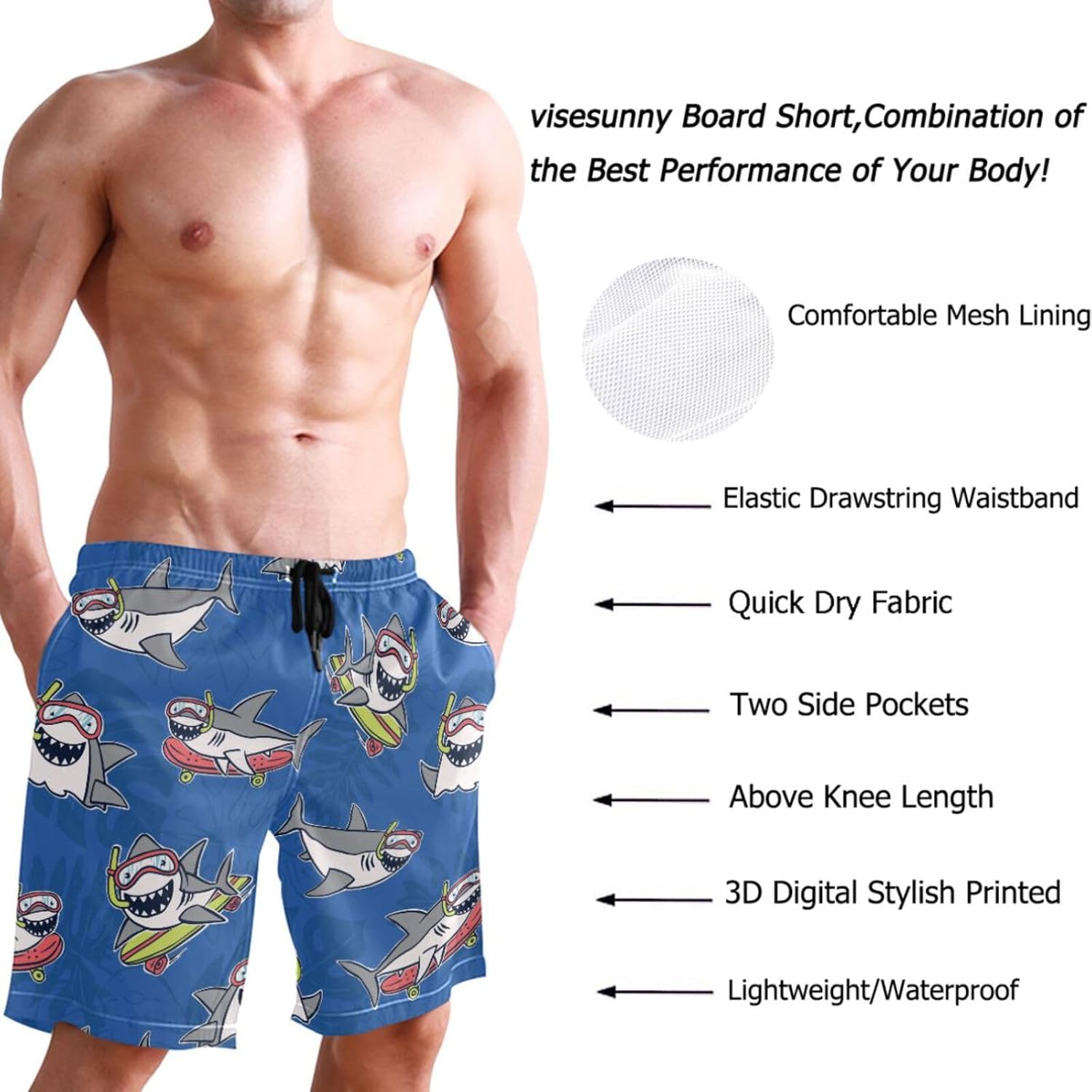 visesunny Stylish Summer Mens Swim Trunks Quick Dry Beachwear Sports Swim Board Shorts Holiday Party Bathing Suits