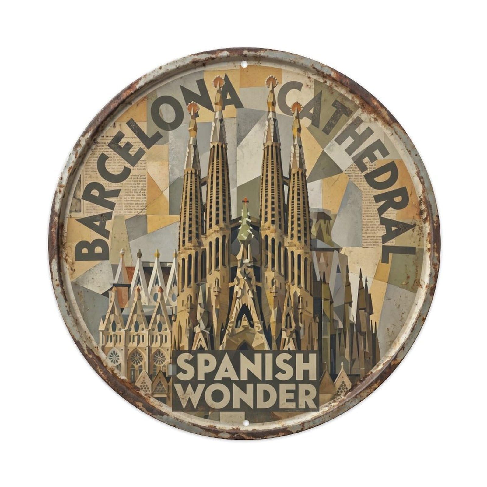 Vintage Travel Tower Spain Cathedral 3039 Metal Tin Sign Plaque Wall Decor for Cafe, Club, Garden Round Metal Poster 8x8Inch