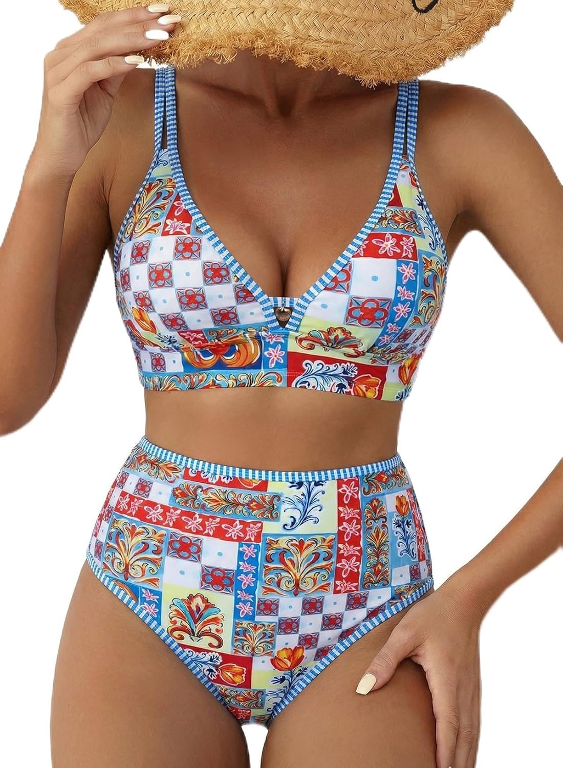 Herseas Women's 2 Piece Floral Print Bikini Sets V Neck Stitch Swimsuits High Waisted Bathing Suit Beach Summer Swimwear
