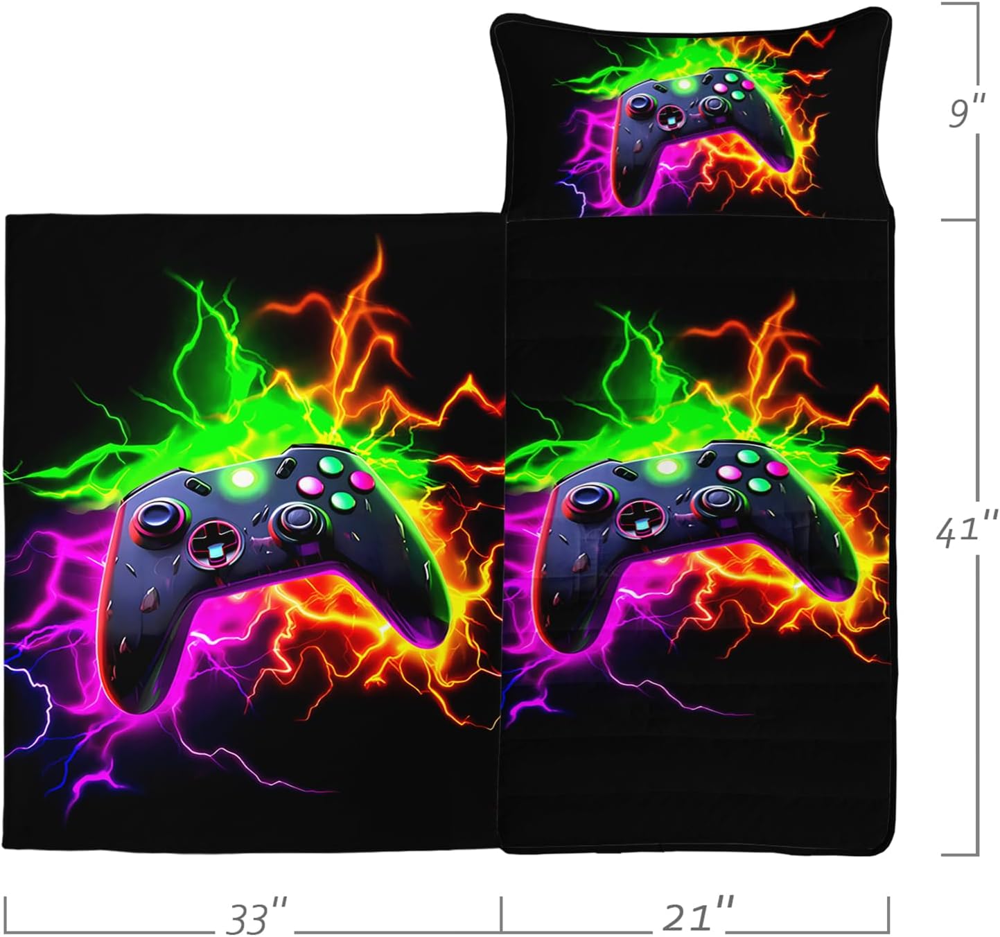 Axolotl Gamepad Nap Mat with Removable Pillow and Blanket,Game Gamepad Slumber Bag for Boys Kids,3D Video Game Console Rolled Napping Mat,Gaming Sleeping Bag for Trave,Purple Green Orange,50" L*21" W
