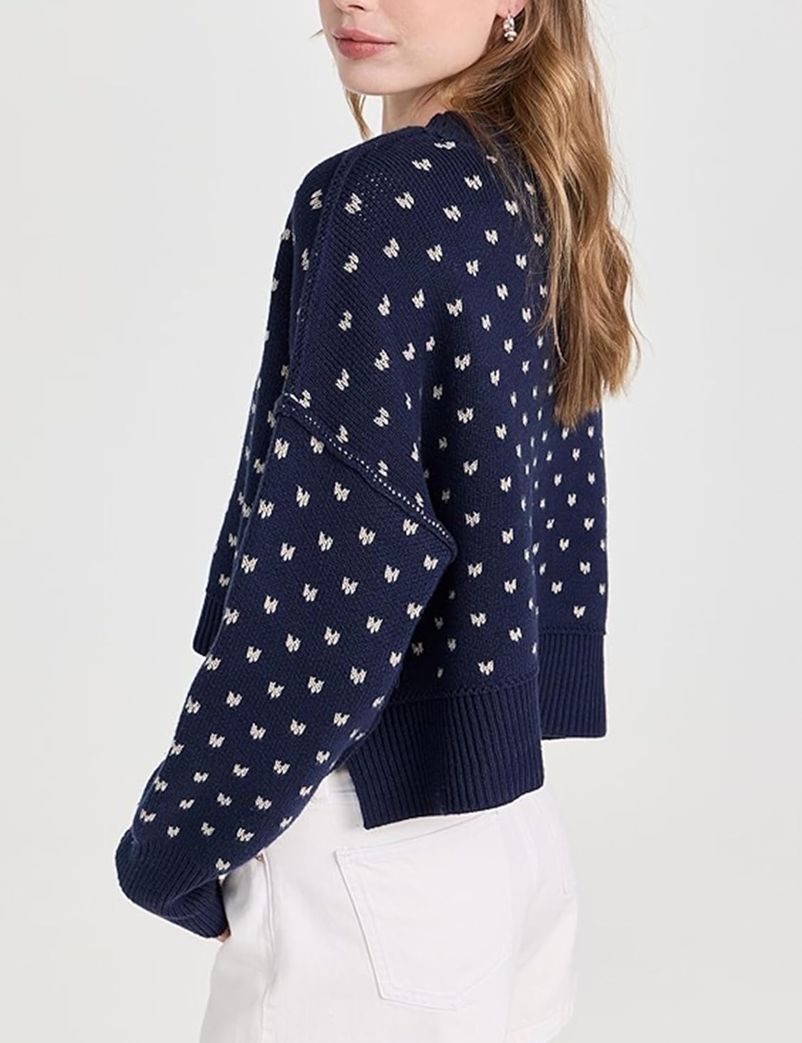 Womens Cropped Pullover Sweater Floral Print Chunky Knit Y2K Sweater Crewneck Long Sleeve Casual Fall Winter Tops(L,Blue) - Image 3