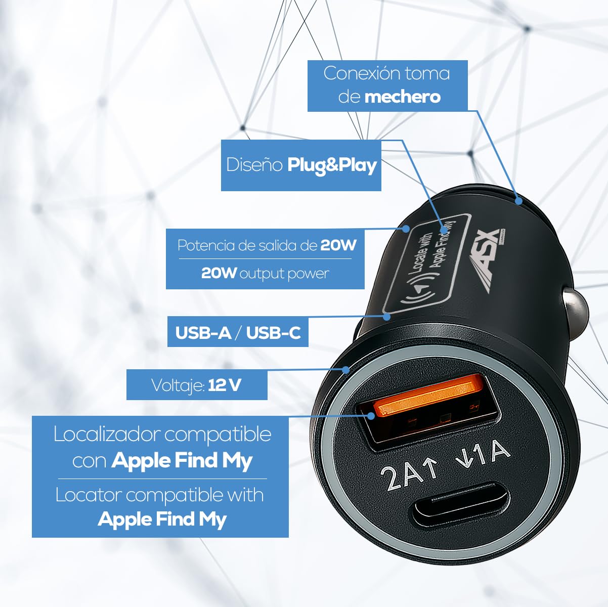 ASX Iluminación Adaptador USB Coche con GPS – Localizador Sin Suscripción Compatible con Apple Find My – Cargador USB-C para Mechero – Rastreador Vehículo, Antirrobo, Dual Fast Charge 45W