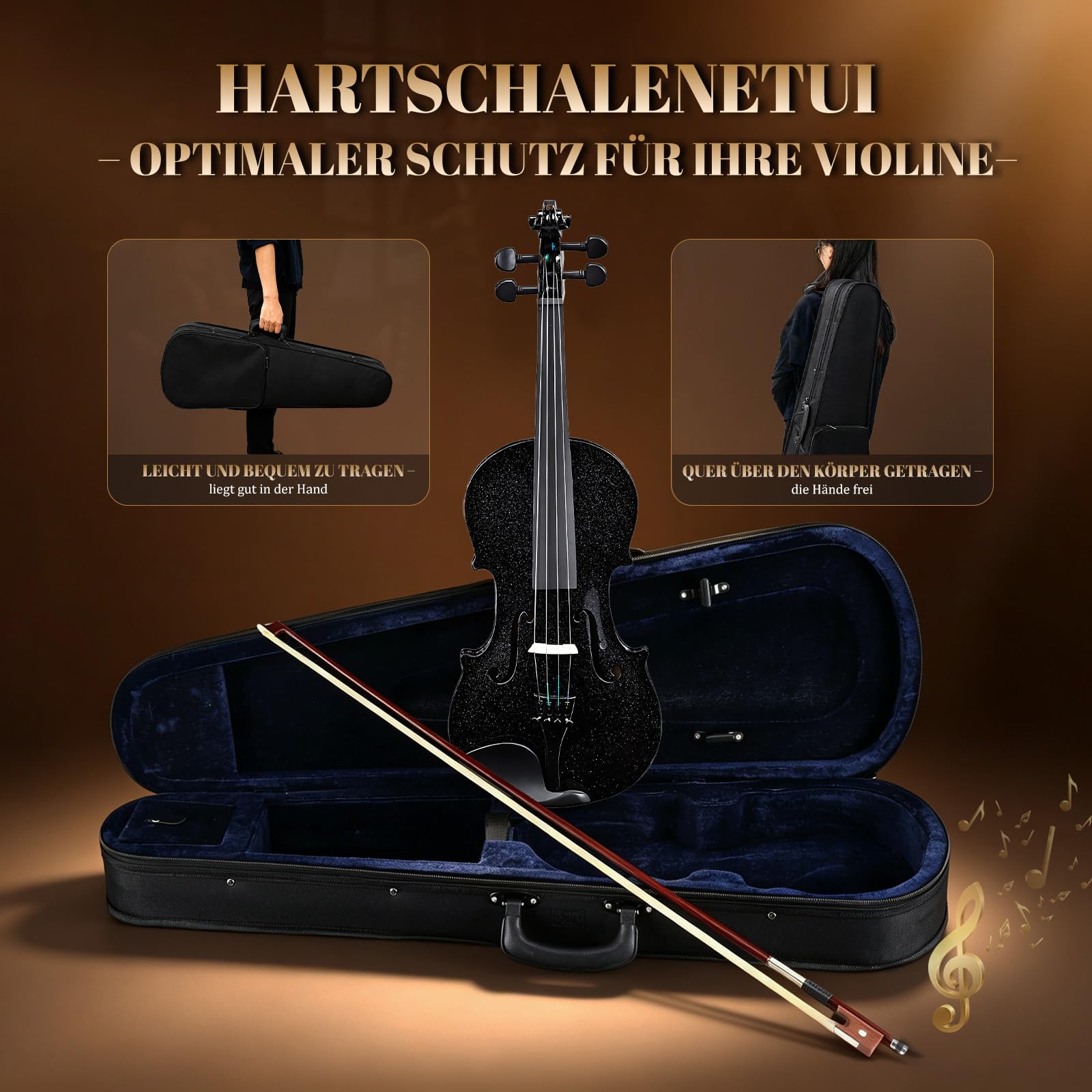 Bonnlo Violine Set 4/4, Violin Vollgröße aus Lindenholz für Anfänger, Geige mit Hartschalenkoffer, Bogen, Kolophonium, Ersatzsaiten & Schulterstütze, ideal für Erwachsene & Kinder, Schwarz