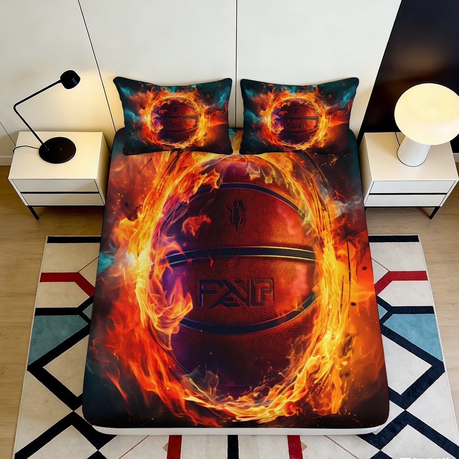 3D Printed Fire Basketball Fitted Sheet Microfiber Deep Pocket Non-Slip Bedroom Bedding Fire Basketball Mattress Fitted Cover 90x200x25cm