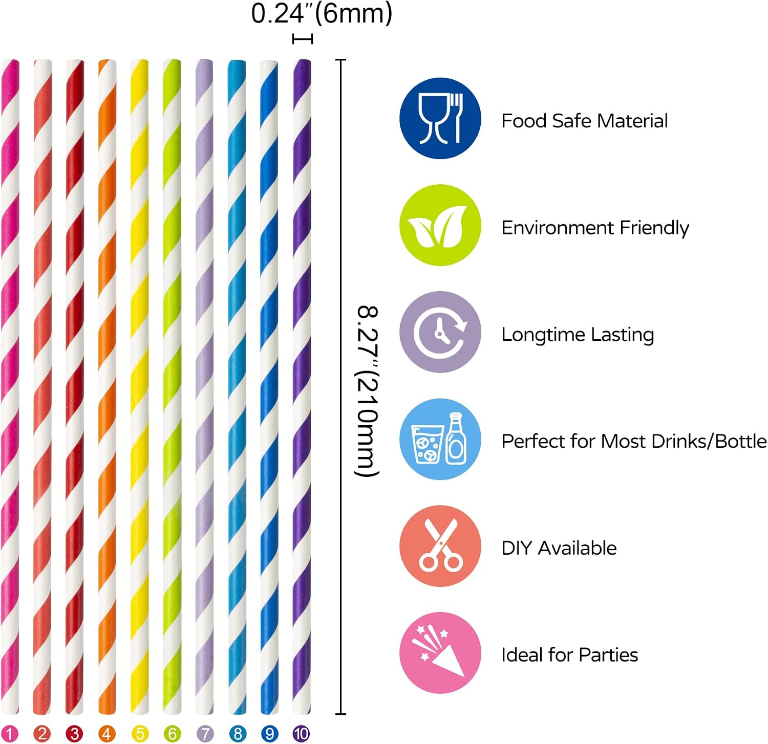 PakTalk [100 Pack] Paper Straws, 10 Assorted Bright Rainbow Striped Drinking Straws for Juice Cocktails Smoothies Cake Pop Sticks Birthday Wedding Christmas Party Decoration(0.24" x 8.27", 10 Colors)