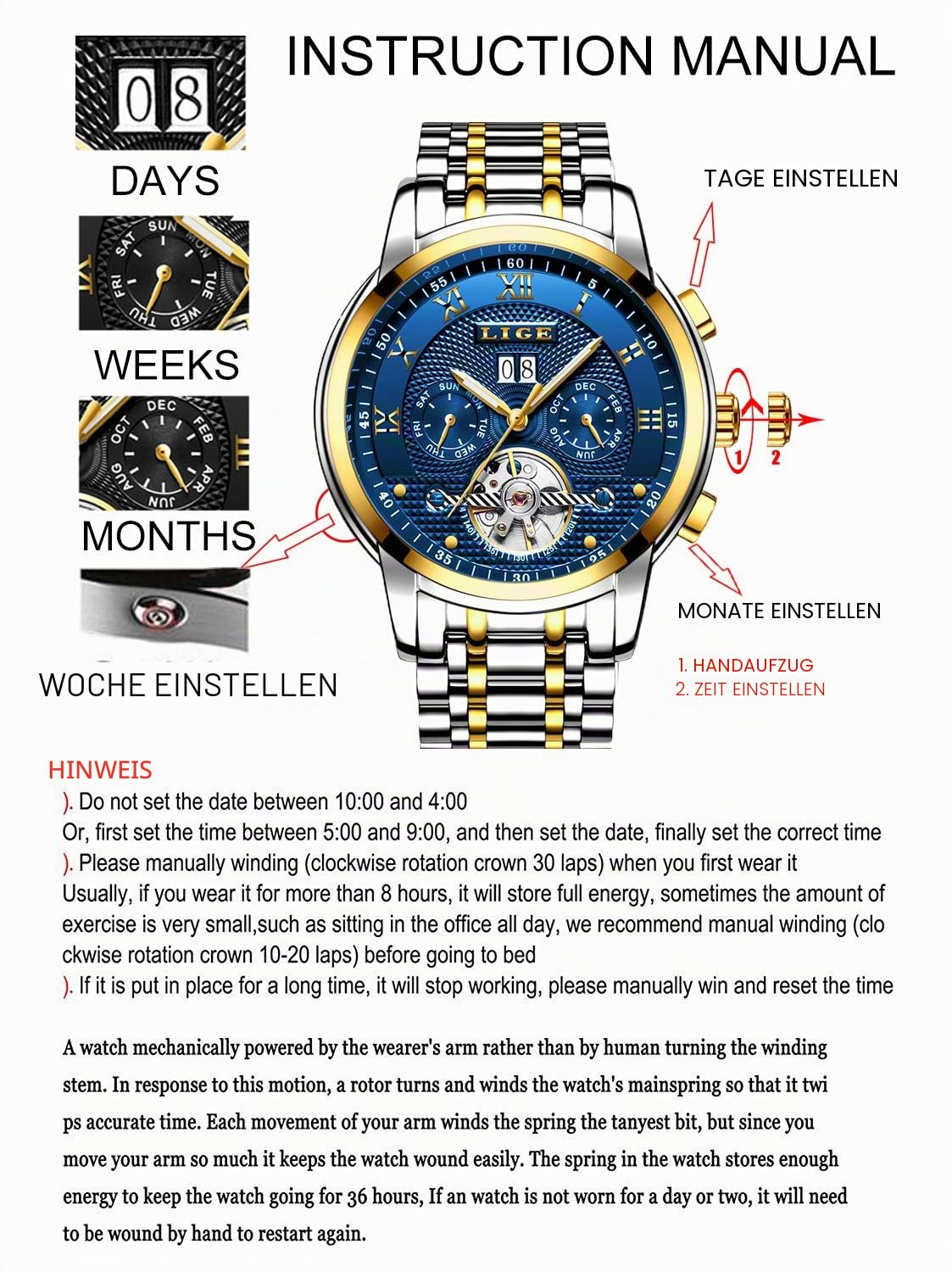LIGE Herren-Armbanduhr, modisch, automatisch, mechanisch, wasserdicht, Business-Armbanduhr für Herren