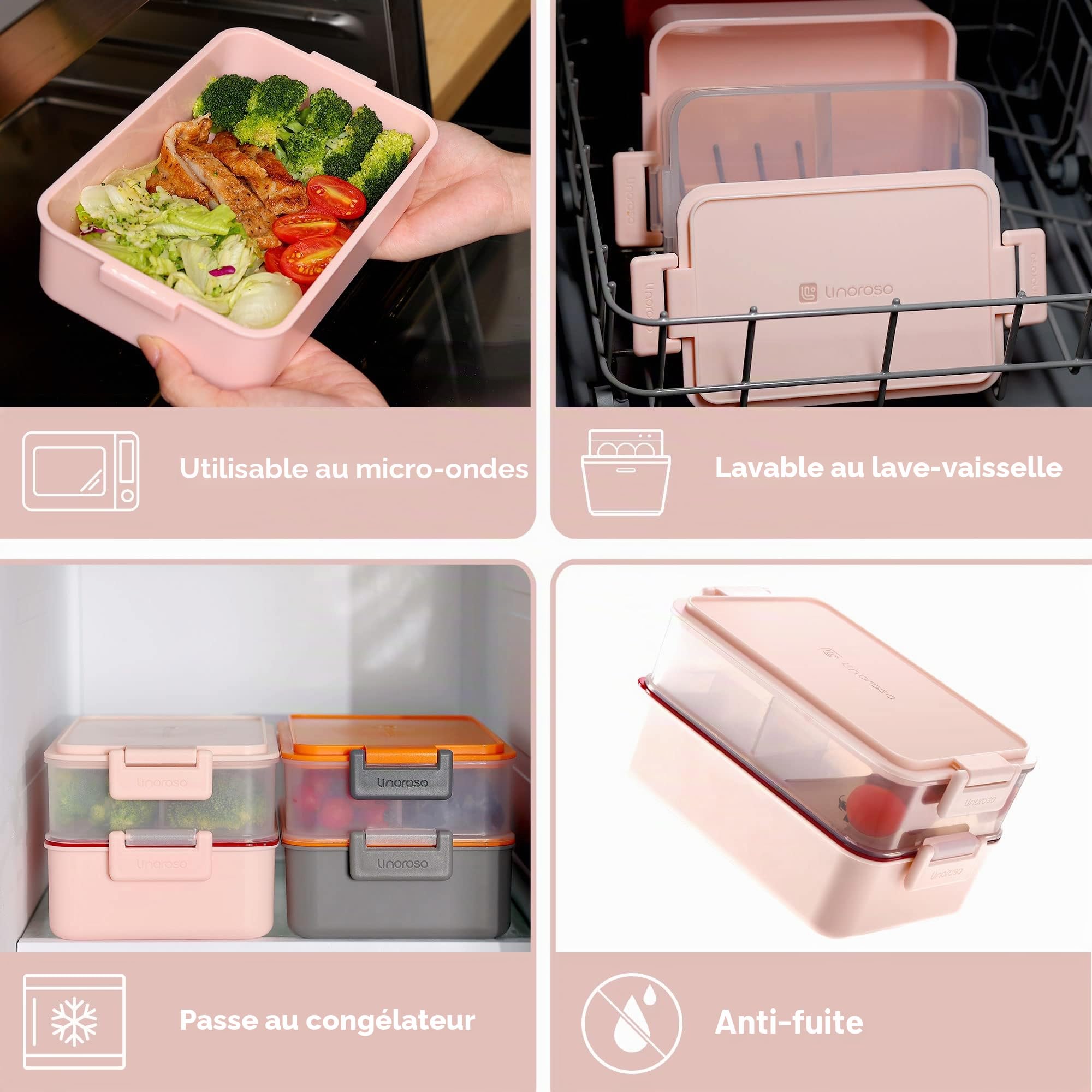 linoroso Bento Lunch Box Boite Repas pour Adulte avec 3 Compartiment Lunchbox avec Récipient à Sauce et Ustensiles Micro Ondable et Lave-vaisselle, Sans BPA Comme Boîte à Sandwich Salade - Rose