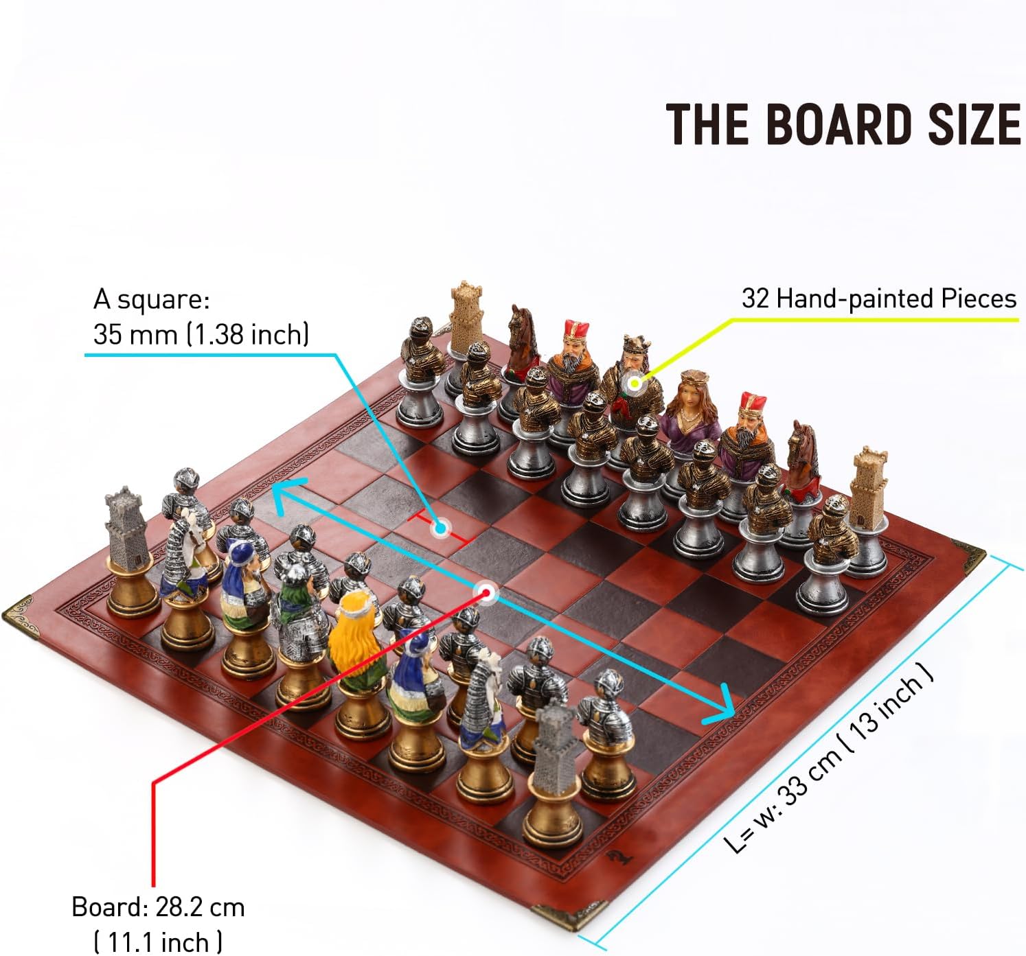 Handmade Medieval Warrior Character Chess Set with Resin Chess Pieces and Embossed Leather Chess Board for 2 Players - Gift for Birthday Thanksgiving Christmas for Adults