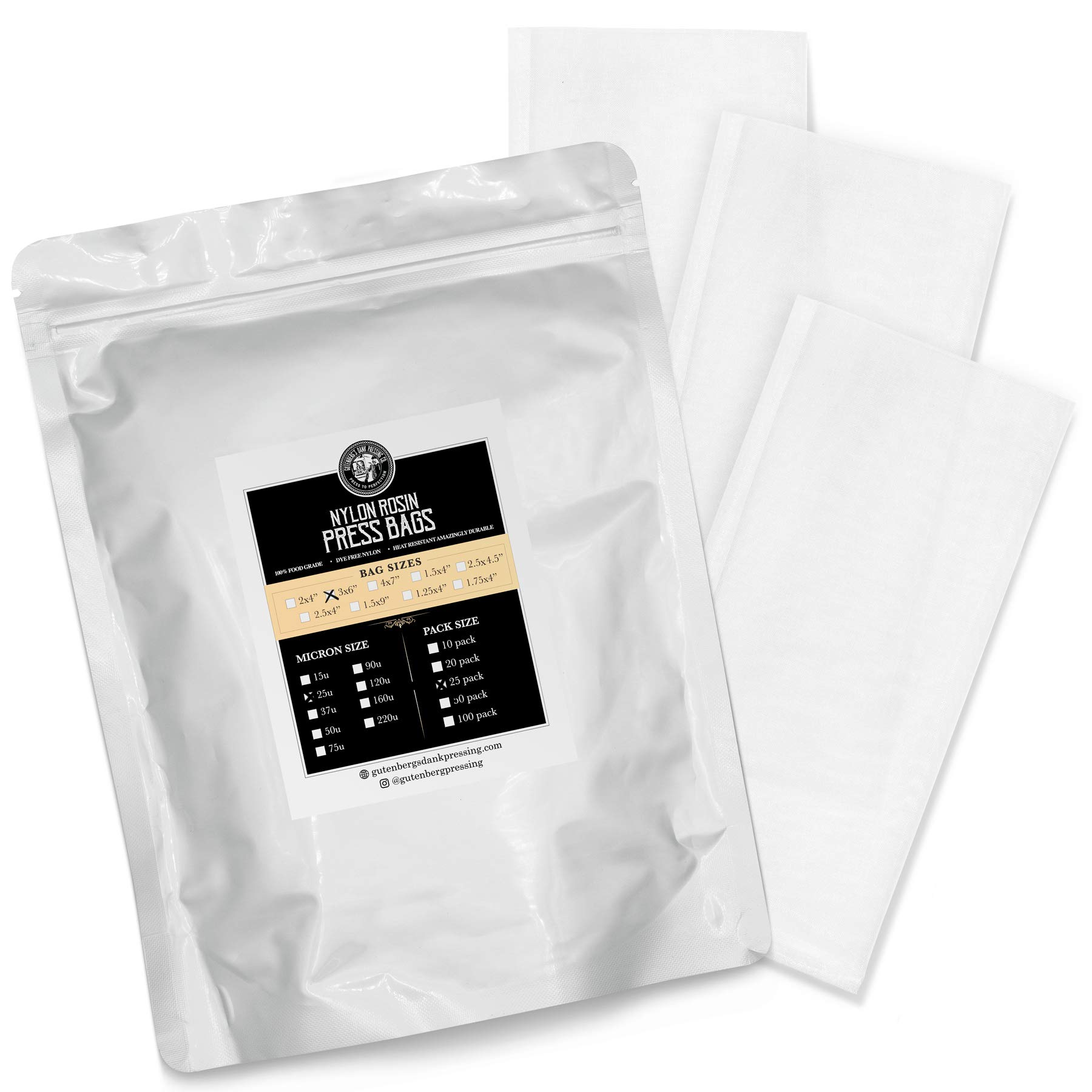 Gutenberg's Dank Pressing Co 3x6 inch premium rosin bags 25-50 Packs | rosin press bags | dab press nylon micron bags | All Micron Sizes (25-Pack, 25 Micron (u))