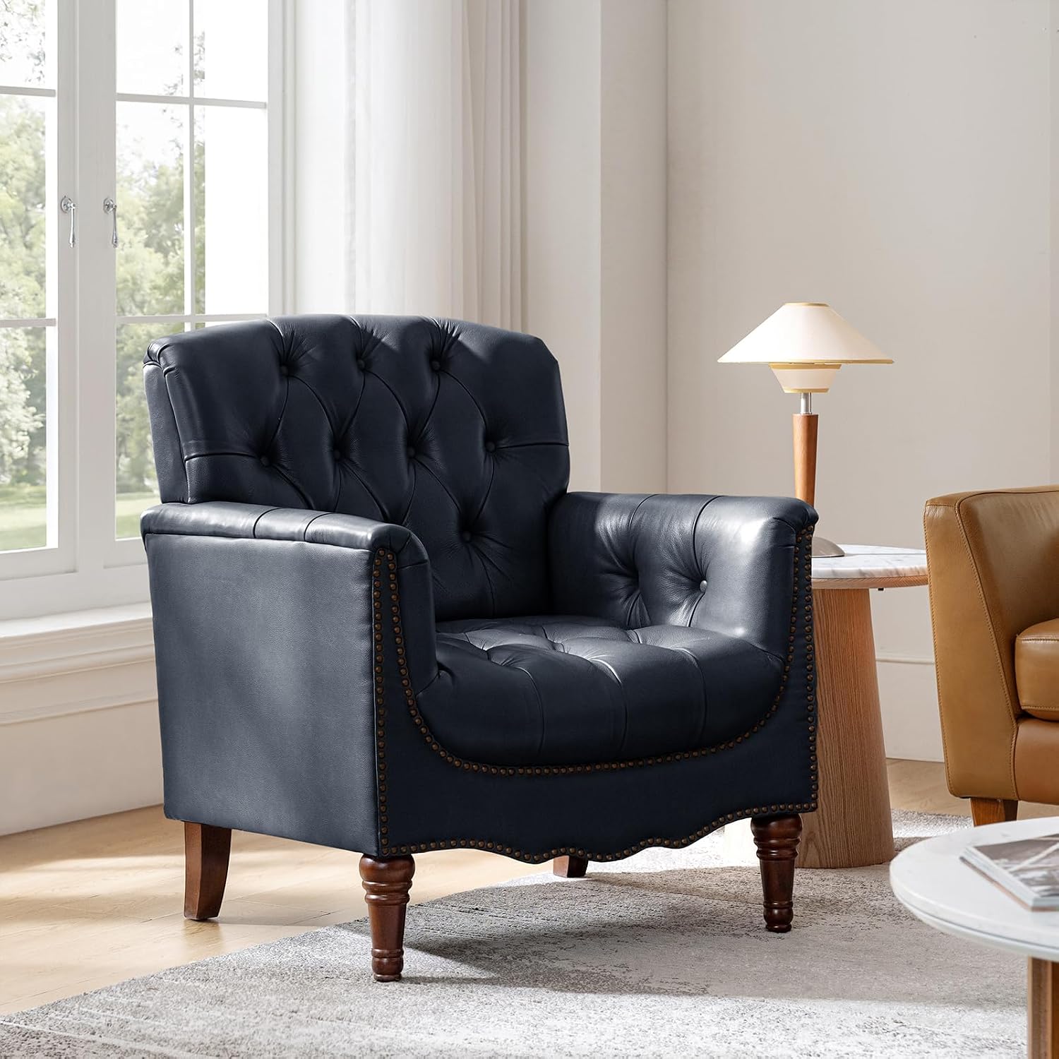 Genuine Leather Accent Chair, Mid-Century Modern Armchair with Button-Tufted, Nailhead Trim with Solid Wood Legs, Upholstered Club Chair for Living Room & Bedroom, Navy