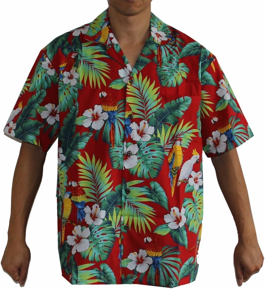 Made in Hawaii ! Men's Hibiscus Parrots Hawaiian Luau Cruise Aloha Shirt