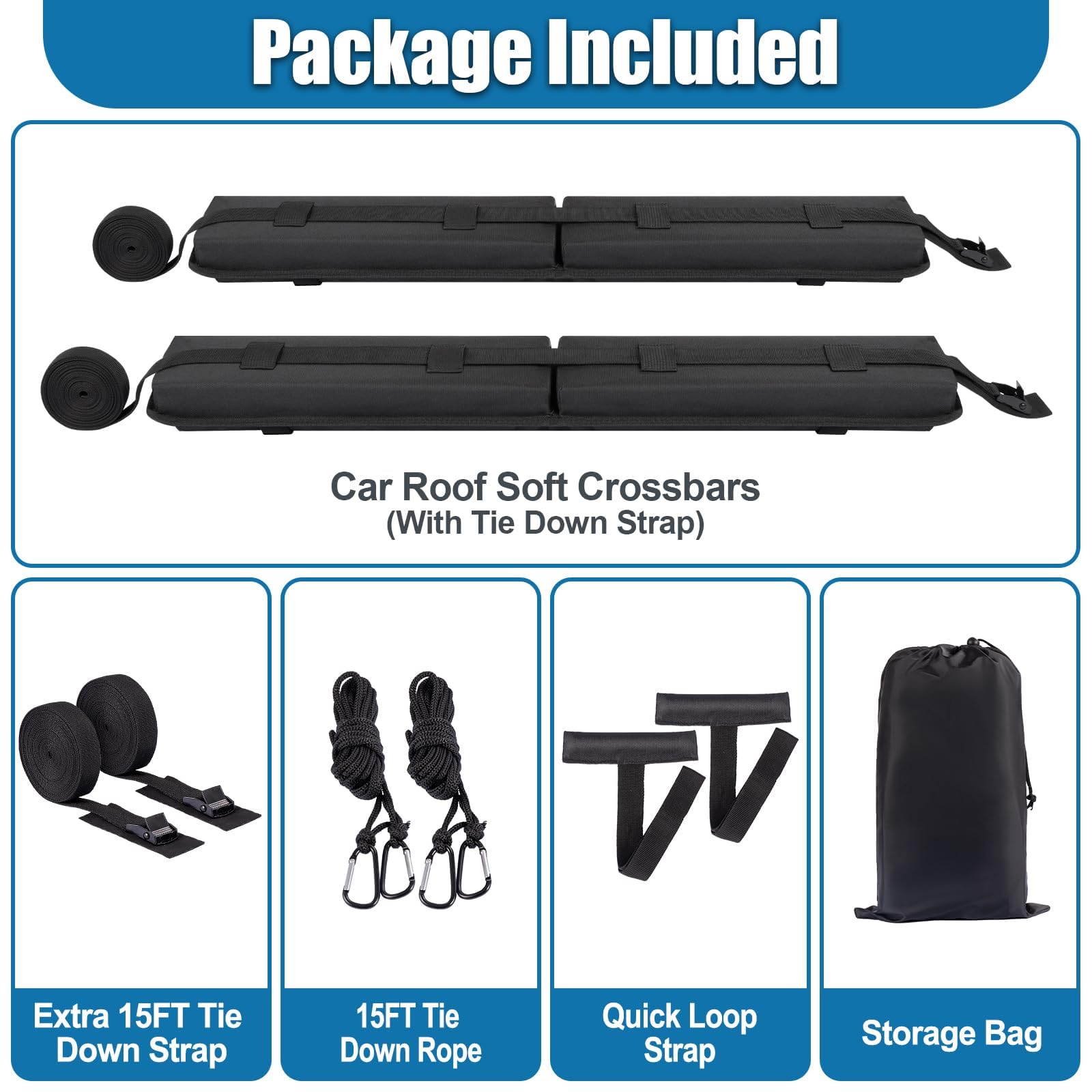 Almohadillas suaves para portaequipajes de techo, juego de portaequipajes universales para auto que incluyen 2 correas de sujeción, 2 cuerdas de sujeción, 2 correas de bucle rápido, 1 bolsa de