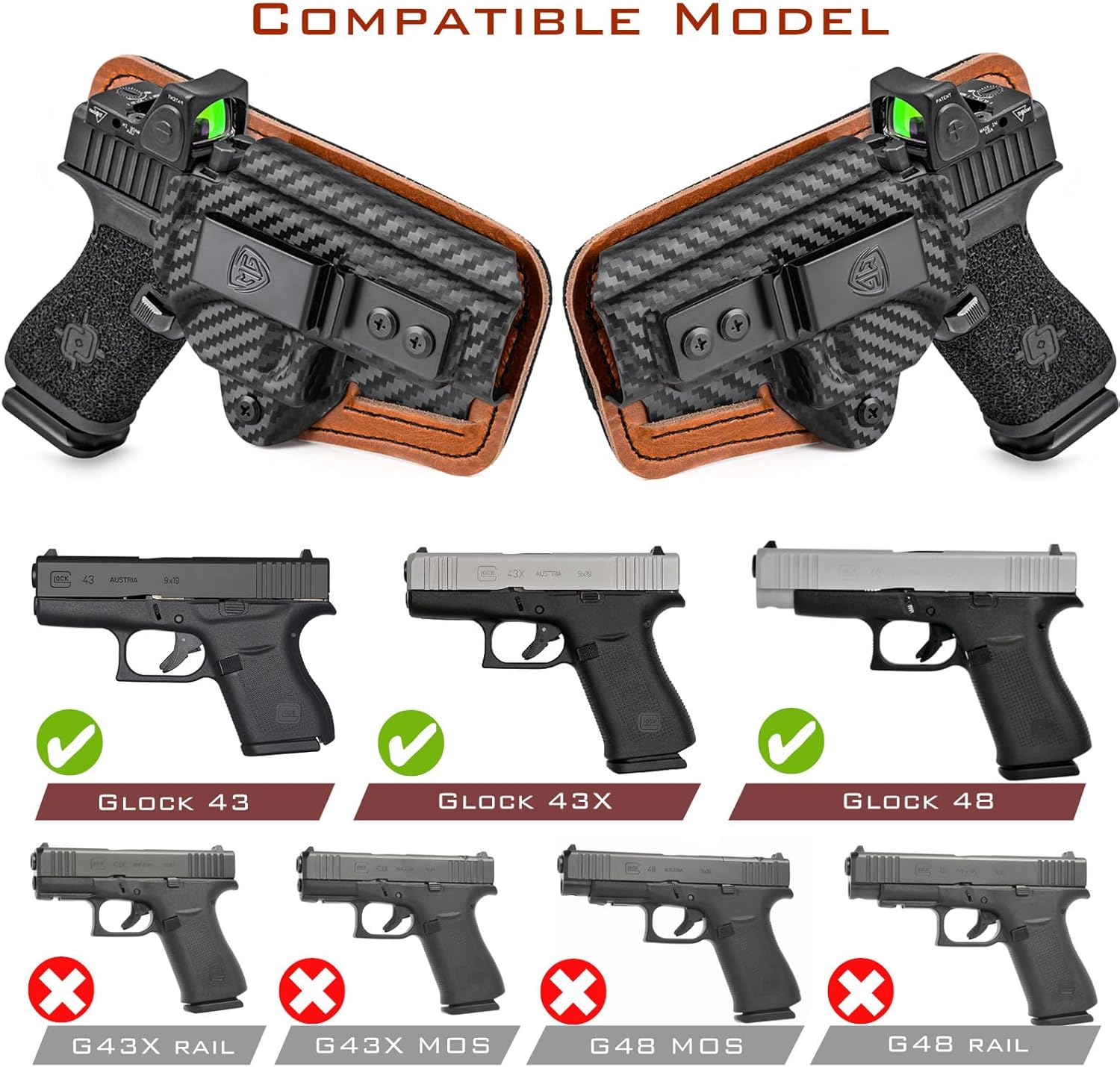 G43/G43X/G48 Right Hand IWB Holster, Black, Kydex Leather Hybrid, Glock 43/43X/43X MOS 9mm Pistol, Red Dot Optics Ready, Clip Attachment