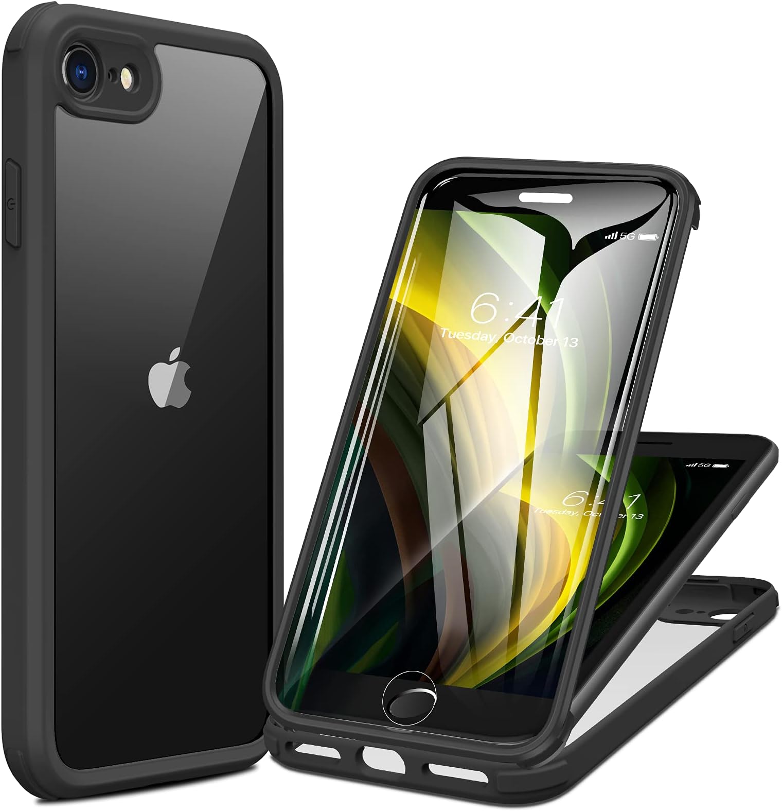 Miracase for iPhone SE Phone Case 3rd/2nd Generation 2022 2020 Full-Body with Built-in Glass Screen Protector, Heavy Duty 360° Protective Shockproof Bumper Cover for iPhone 8/SE 4.7 Inch, Black