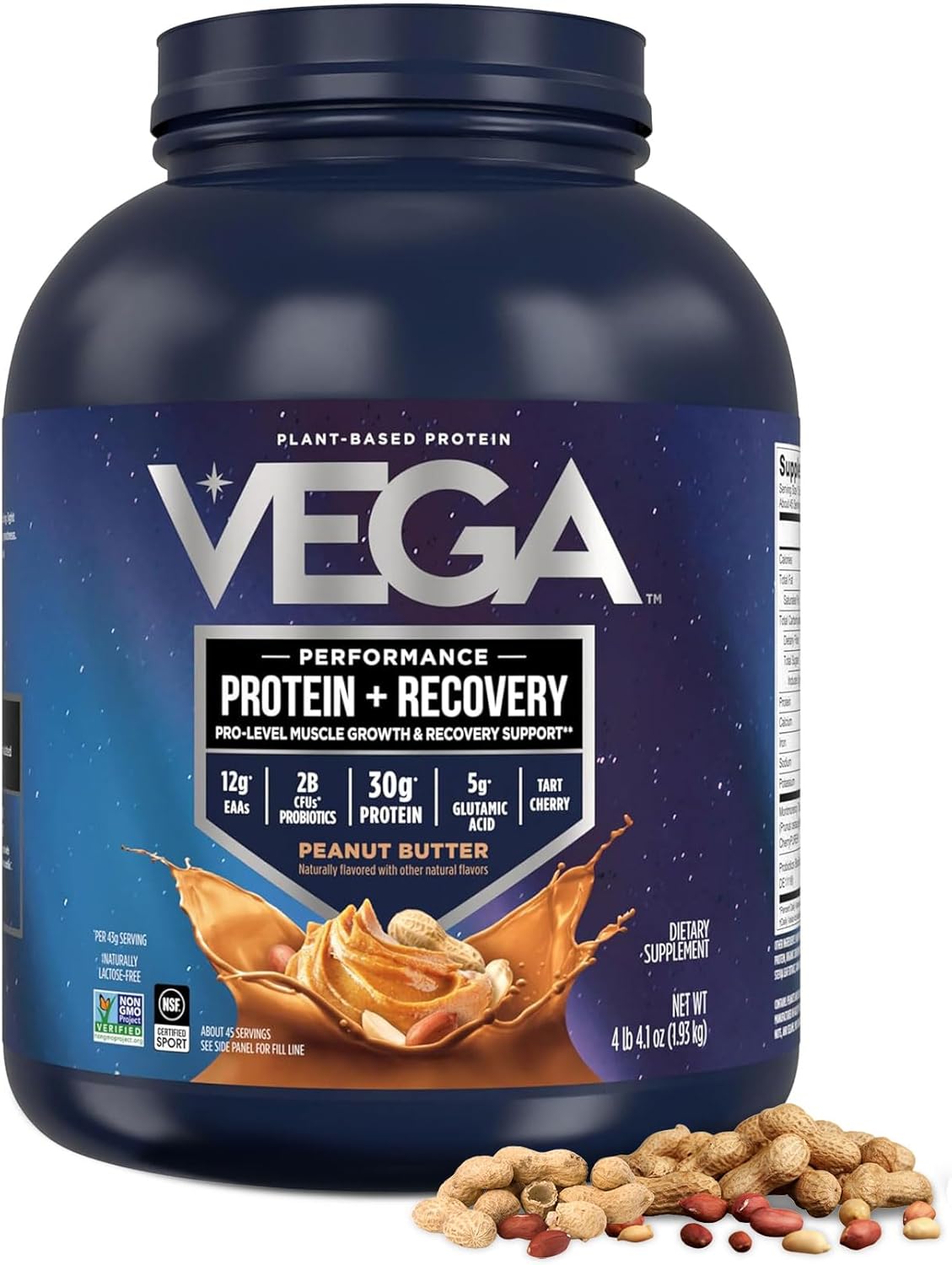Vega Protein + Recovery, Peanut Butter – 30g Vegan Protein, Dairy & Gluten Free, Probiotics, NSF Certified, 67.2 oz (45 Servings)