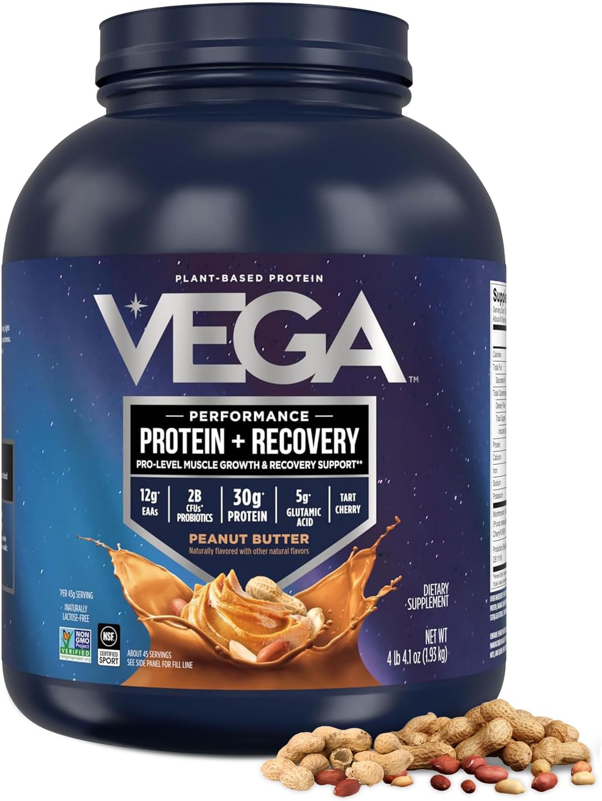 Protein + Recovery, Peanut Butter – 30g Vegan Protein, Dairy & Gluten Free, Probiotics, NSF Certified, 67.2 oz (45 Servings)