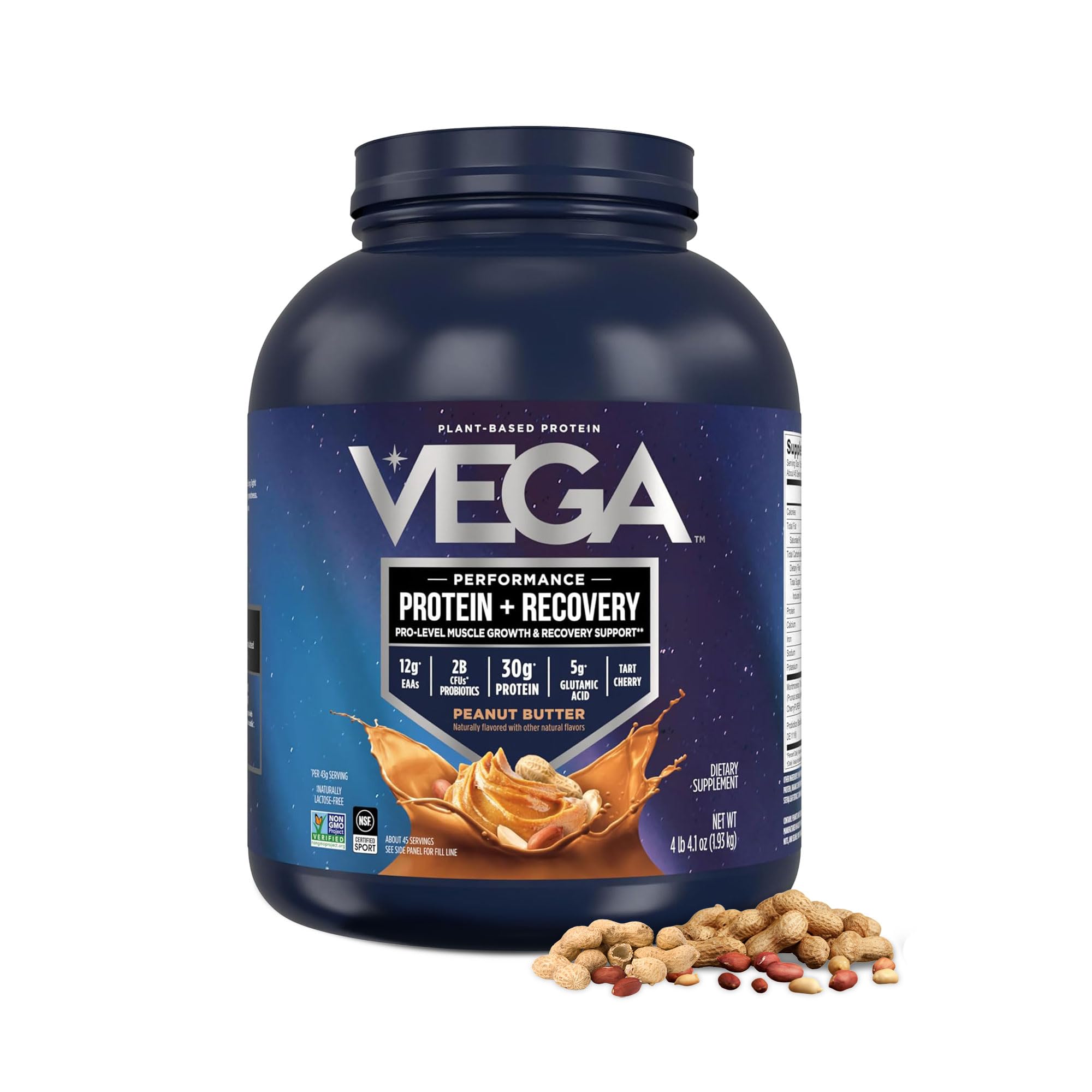 Vega Sport Vegan Protein Powder + Recovery - 30g Plant Based Protein per Serving, Peanut Butter, 45 Servings, 5g BCAAs, Probiotics, NSF Certified, for