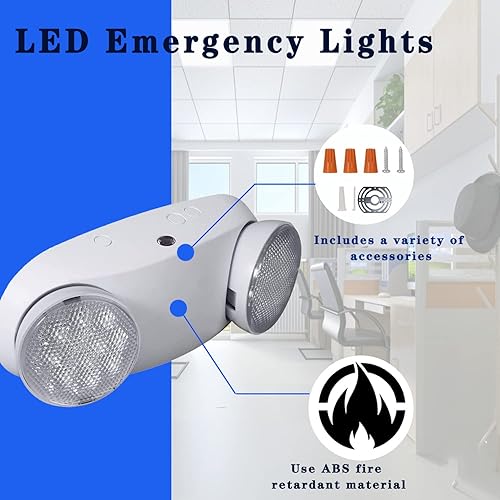 Miniatura 7 de Luz de emergencia LED con batería de respaldo, dos cabezales ajustables, luz de emergencia comercial estándar de EE. UU. 120-277V (UL 94V-0), luz de