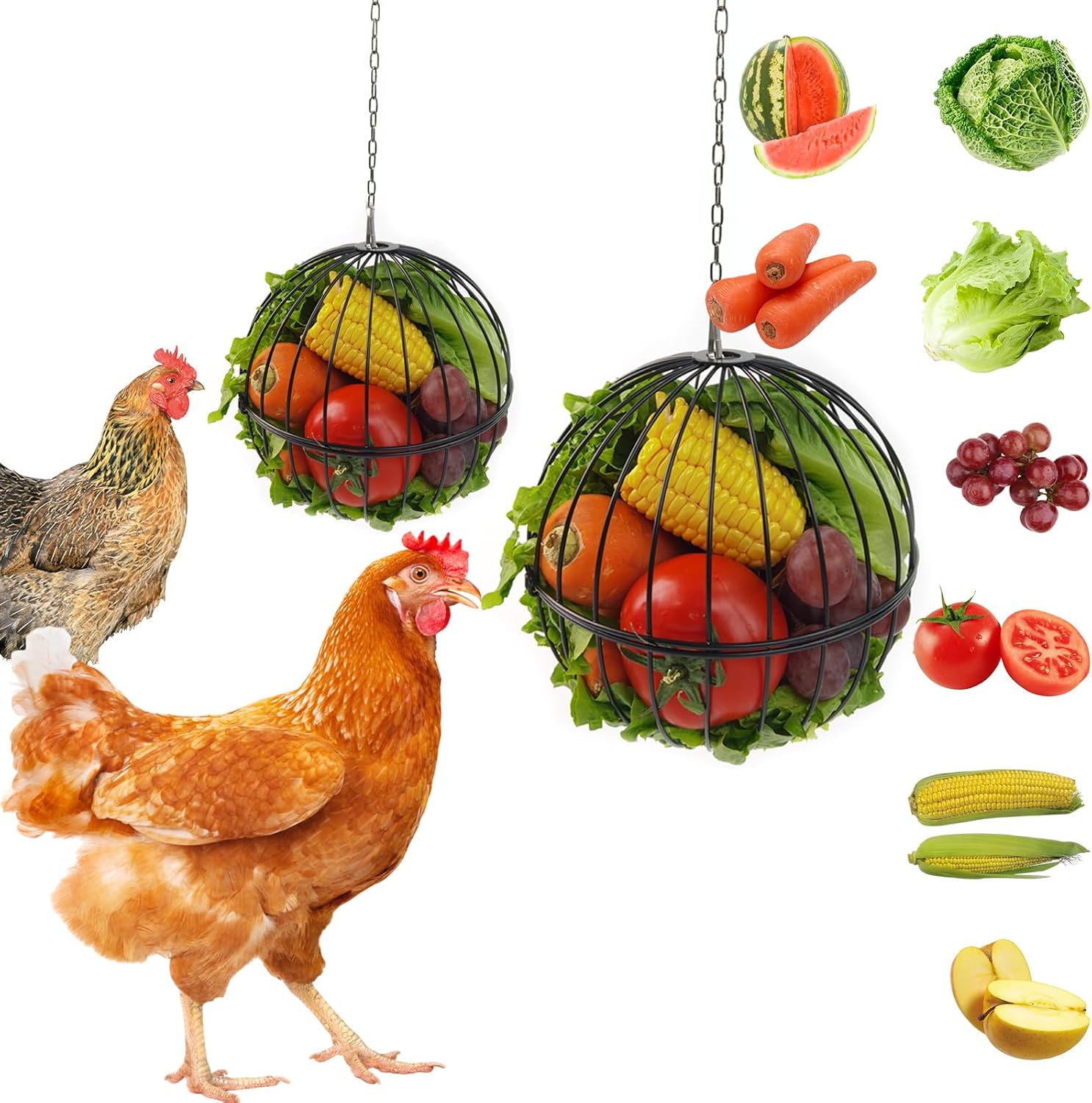 Hanging Chicken Feeder - 7.1 Inch Large Iron Chicken Veggie Treat Ball - Sturdy Chicken Treat Holder with 15.7 Inch Hanging Chain (2PCS Black)