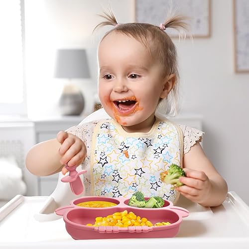 Miniatura 7 de 3 juegos de placas de succión para bebés con forma de búho de silicona con cuchara y tenedor, platos divididos aptos para microondas y lavavajillas,