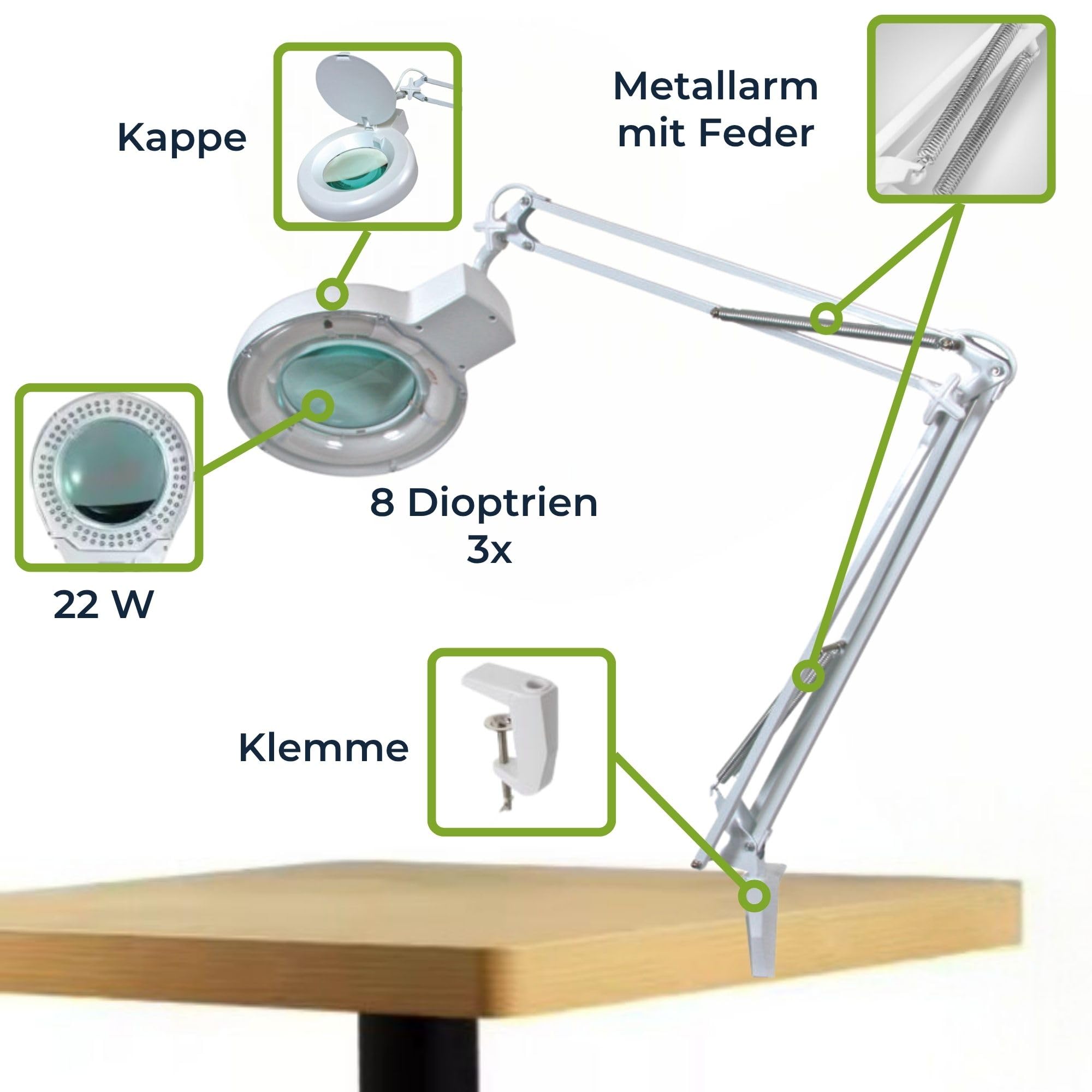 Velleman Lupenleuchte mit Klemme, 22 W Lupenlampe mit Schwenkarm, 3X Vergrößerung, 8 Dioptrien Glaslinse 120 mm, zum Lesen, Diamond Painting, Hobby, Salon und Präzisionsarbeit, Weiß