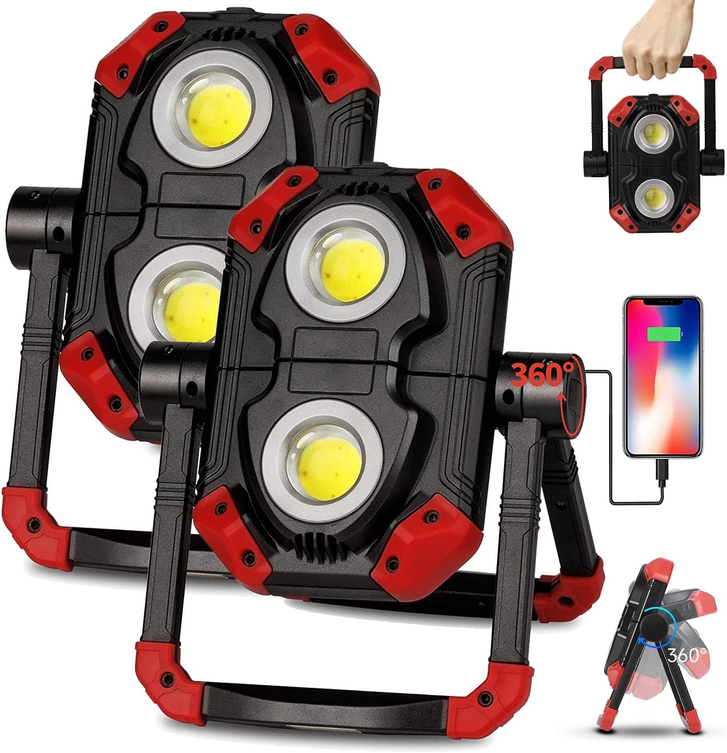 LED Work Light Rechargeable, 2 COB 2500LM Folding Portable Flood Light with Magnetic Base and 360° Rotation Stand, Waterproof Spotlights for Camping Car Repairing Emergency Job Site Lighting (2, Red)