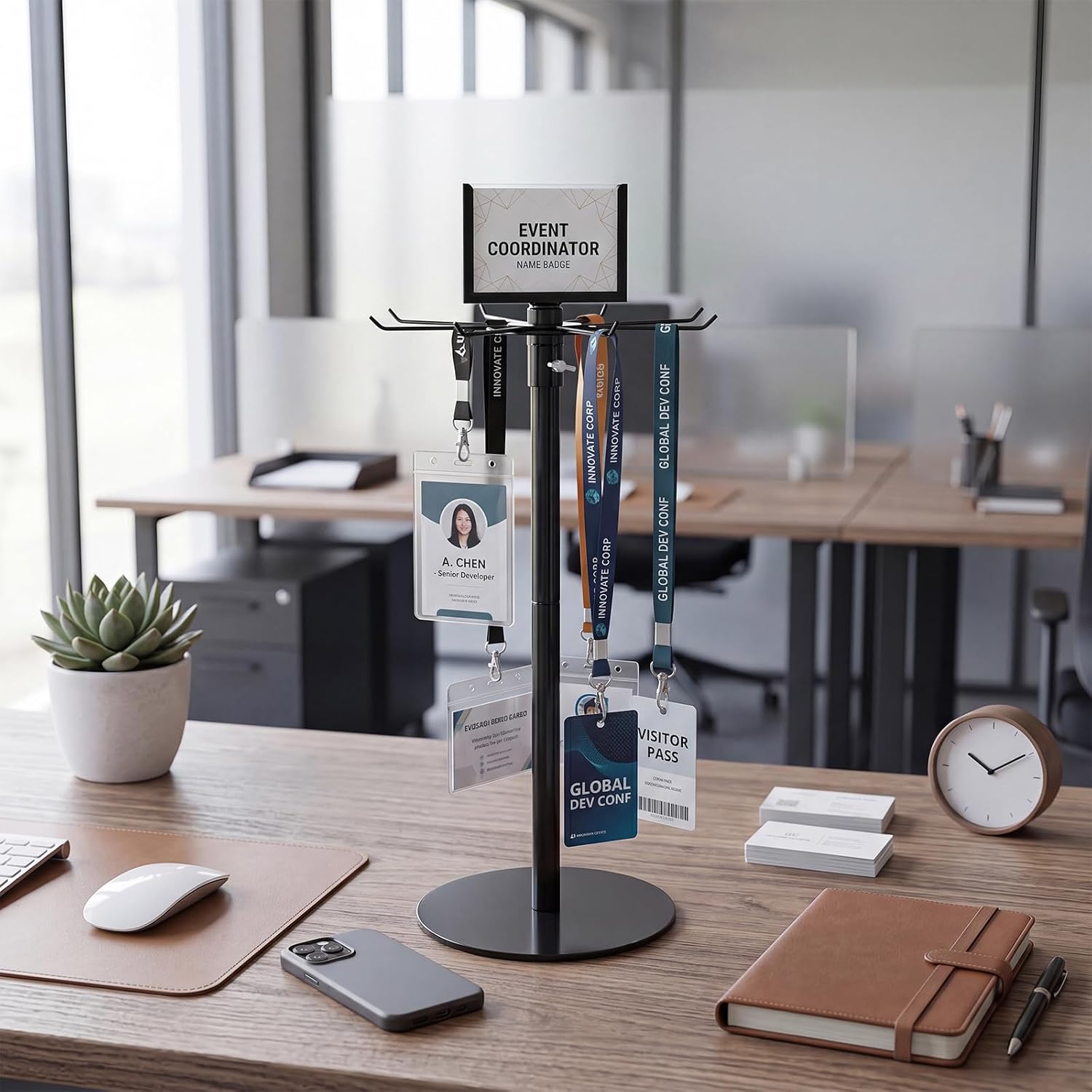 Rotating Lanyard Display Stand, Adjustable Carousel Metal Lanyard Organizer Keychain Rack Heavy Duty 8 Pegs with Acrylic Insert Display for Store Craft Shows Retail Counter Conferences Event