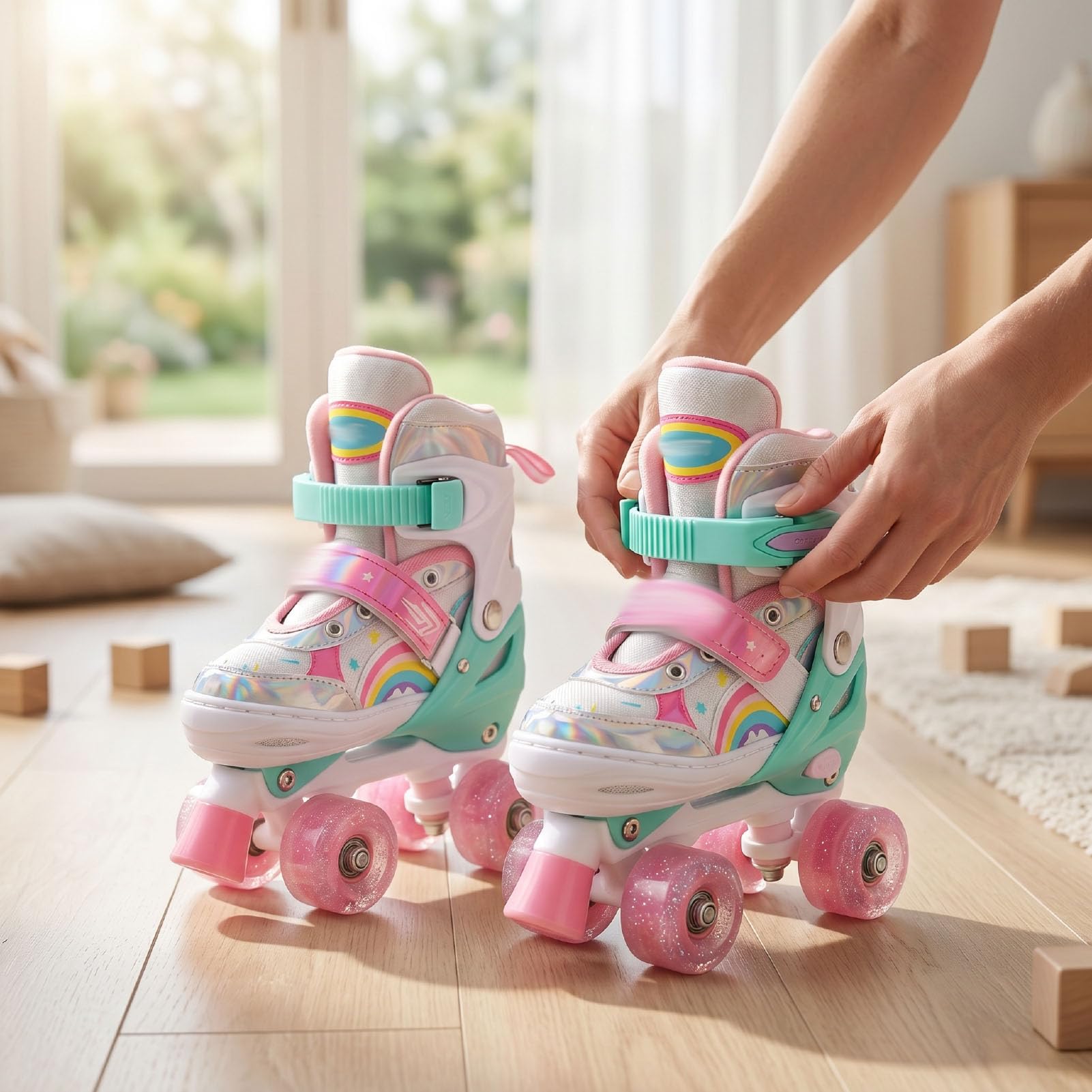 RiToEasysports Patines de Ruedas Ajustables con Luz, Patines Cuádruples de Doble con Correas de Hebilla, Cierres de Gancho y Bucle, Cordones Antideslizantes, Goma de Espuma de Malla TPR PU PP para