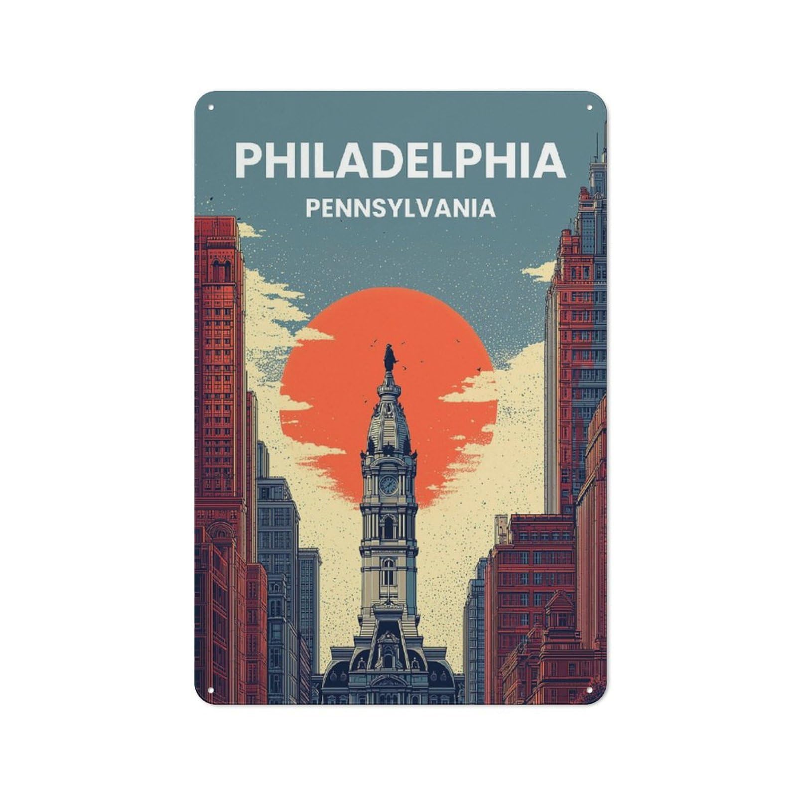 Junmoney Philadelphia Pennsylvania Cityscape Art Cottage Style Metal Wall Decor 30X20cm, Farmhouse Metal Sign For Farmhouse Kitchen, Pantry Or Dining Area