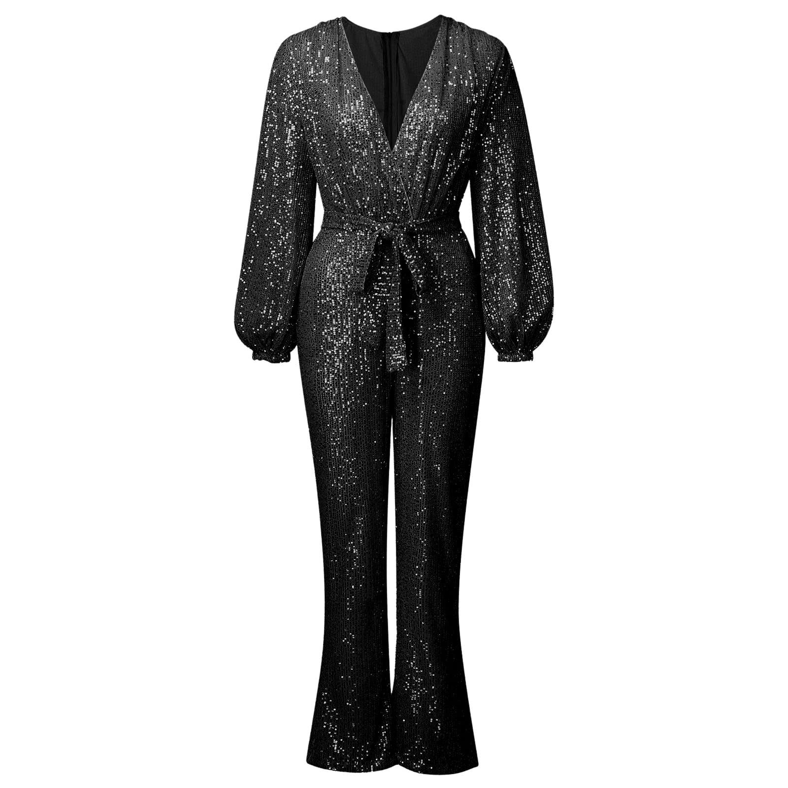 Jumpsuit Donna Elegante, Tute Eleganti casual sexy scollo a V a maniche lunghe paillettes e pantaloni a gamba larga
