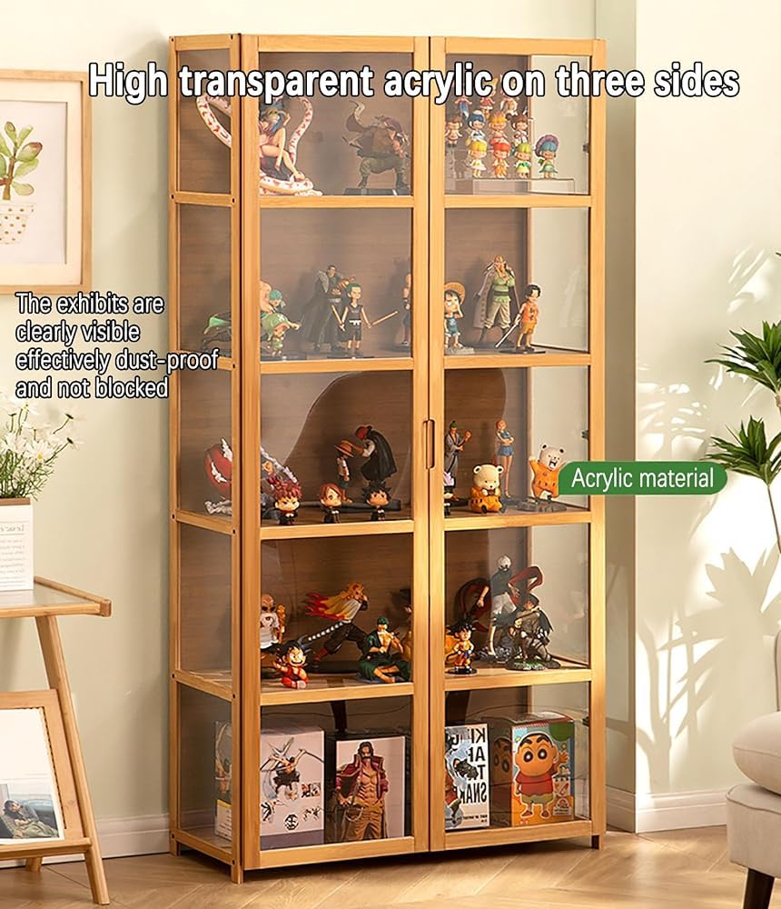 Armadietti curio con ante in vetro vetrina, vetrina curio con telaio in bambù naturale, design sicuro e sano a doppia porta per un comodo sgabello (dimensioni: 32,5 N/82 cm/5F, colore: bianco)