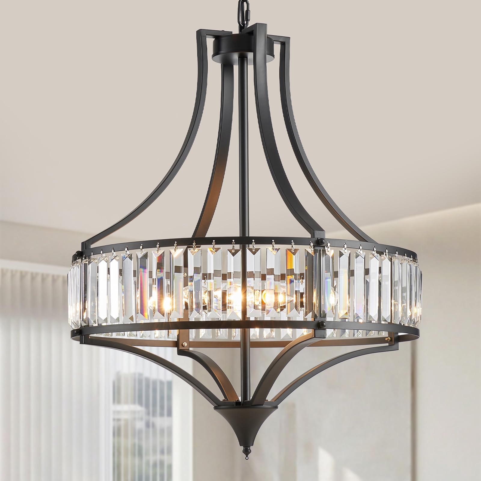 Crystal Chandeliers for Dining Room Rustic Farmhouse Chandelier with Round Metal Shade 6-Light Black Large Crystal Light Fixture for Kitchen Island Hallway Bedroom Home Office