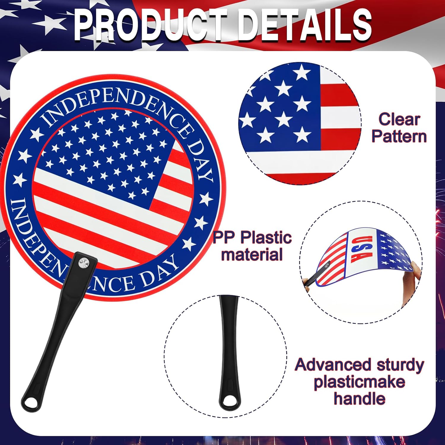 Yalikop 100 Pcs Patriotic Hand Fans 4th of July Independence Day Handheld Fans Double Sided Red Blue and White American Flag Stars Plastic Fan for Parade Festival Events USA Party (Round)