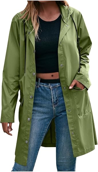 Raincoats For Women Waterproof Button Down Long Hooded Trench Coats With Pockets Fashion Hiking Travel Windbreaker