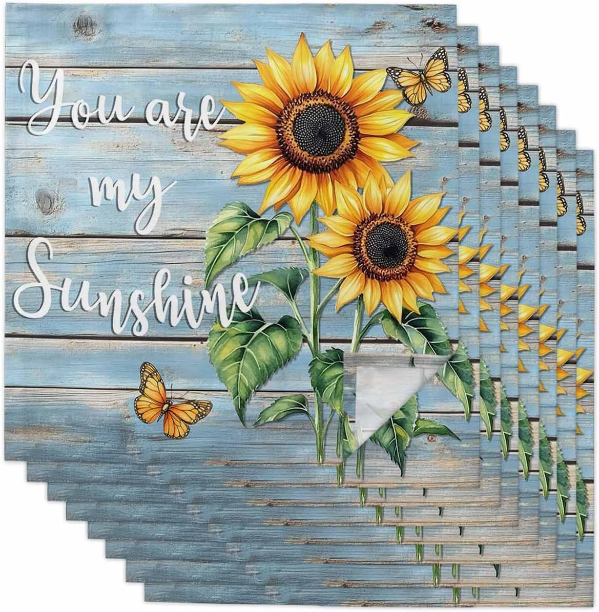 Vintage Sunflower Cloth Napkins Set of 8, You are My Sun Shine Reusable Dinner Napkins Cloth Butterfly Blue Wood Board Washable Dinner Towel for Wedding Party Kitchen Table Decoration, 20x20 Inch