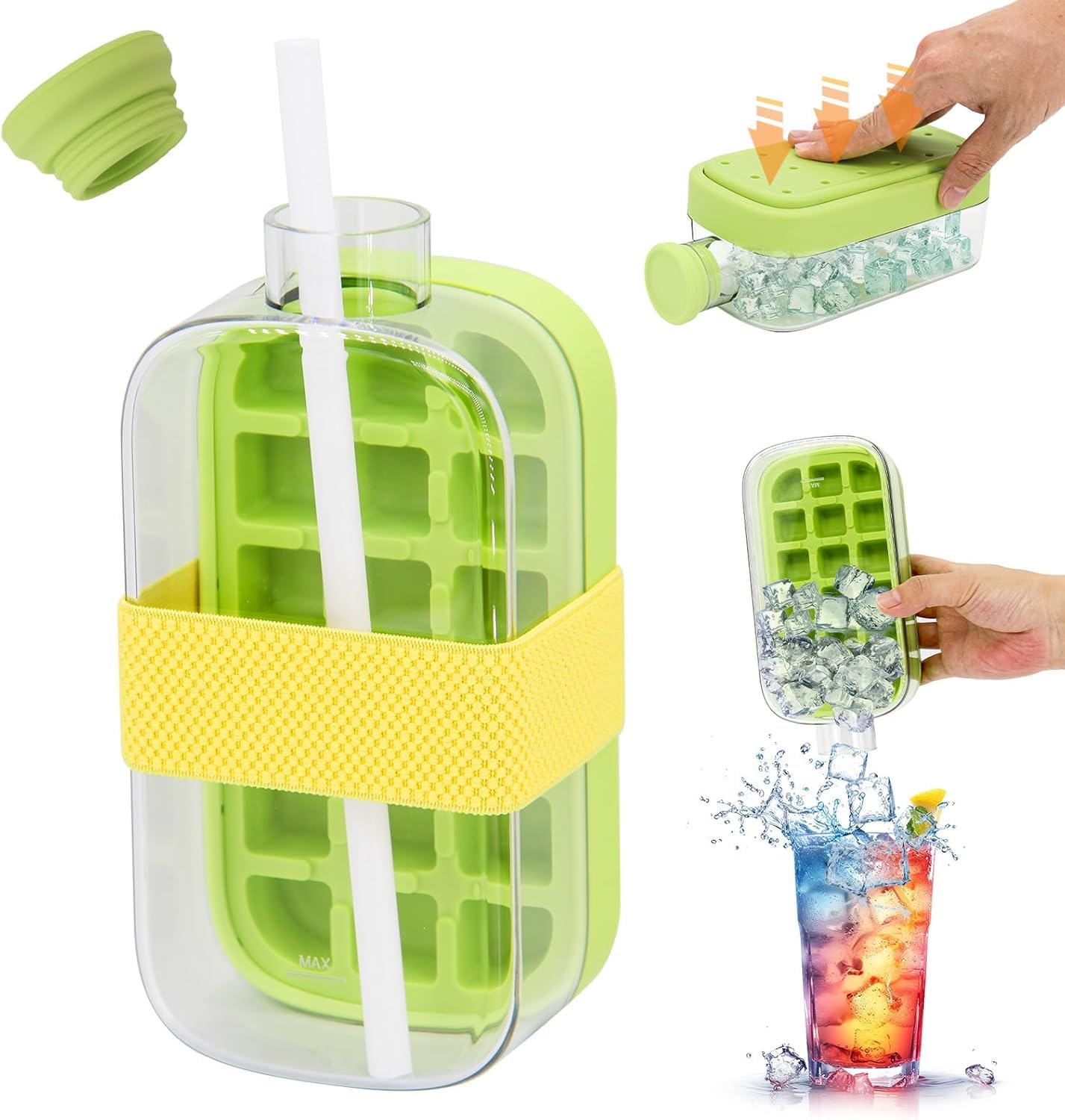Ice Cube Bottle, 2 in 1 Touch-Free Ice Cube Tray with Straw & Lid – Leakproof Freezable Water Bottle with Built-in Ice Mold (green, larg)