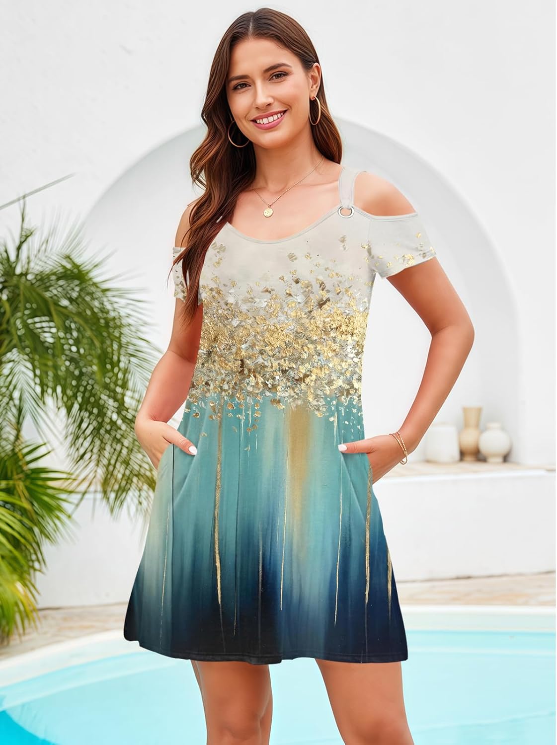 Disamer Sundresses for Women Beach Vacation 2026 Spring Cover Ups Short Sleeve T Shirt Dress Cold Shoulder Summer Dresses - Image 2