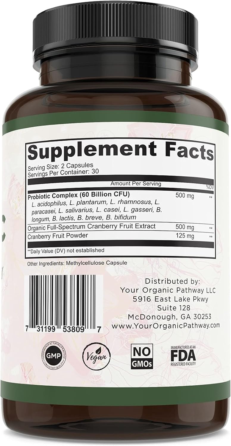 Your Organic Pathway Probiotic for Women - 60 Billion CFU, Women's Probiotic Supplement for Digestive & Immune Health, Supports Vaginal & Urinary Tract Health, with Cranberry, 60 Vegan Capsules