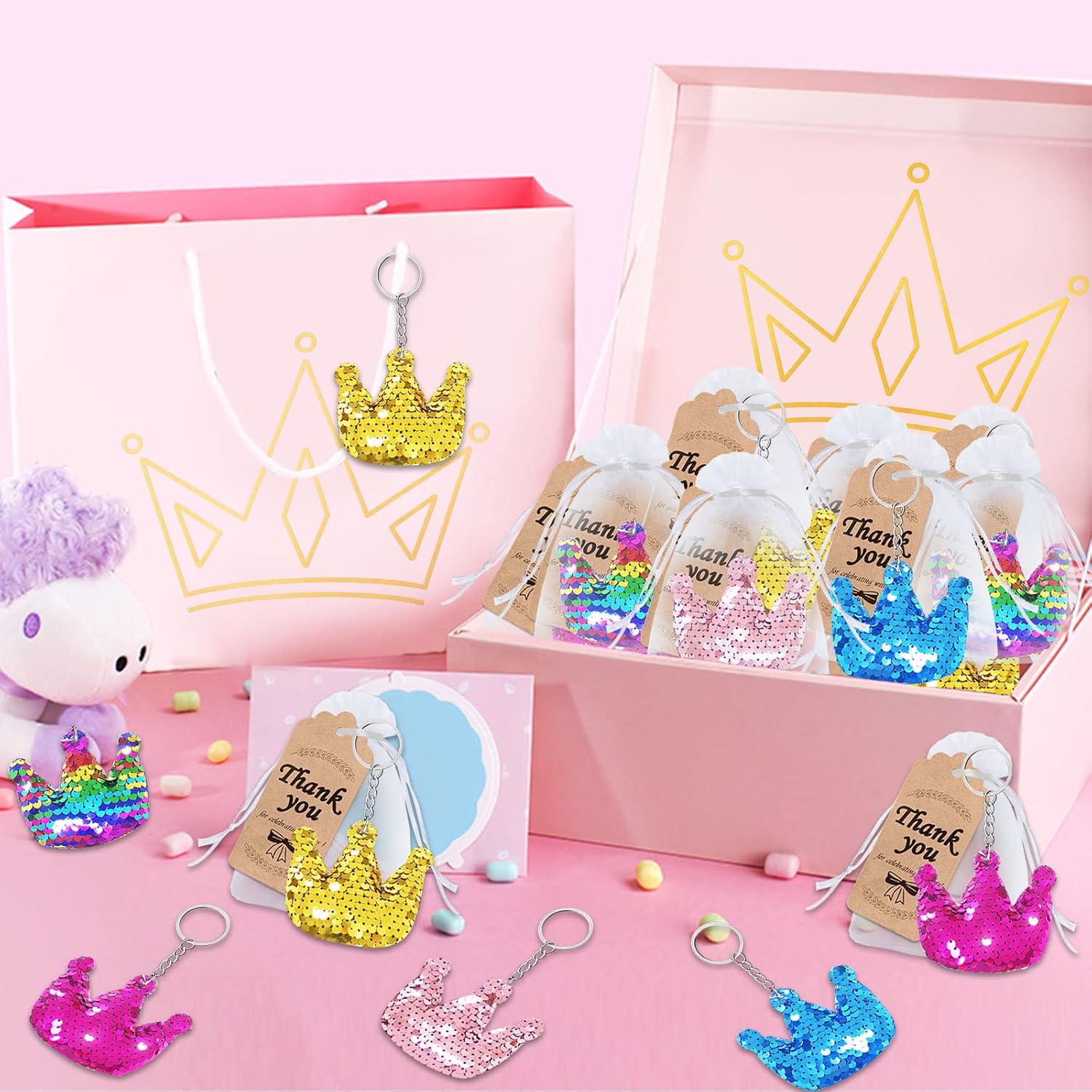 CiciBear 60 Pack Double-deck Crown Sequin Keychain Set with 20 Crown Keychains, 20 Thank You Tags and 20 Gift Bags for Birthday Party Favor, Kids and Adult Birthday, Baby Shower, 5 Colors