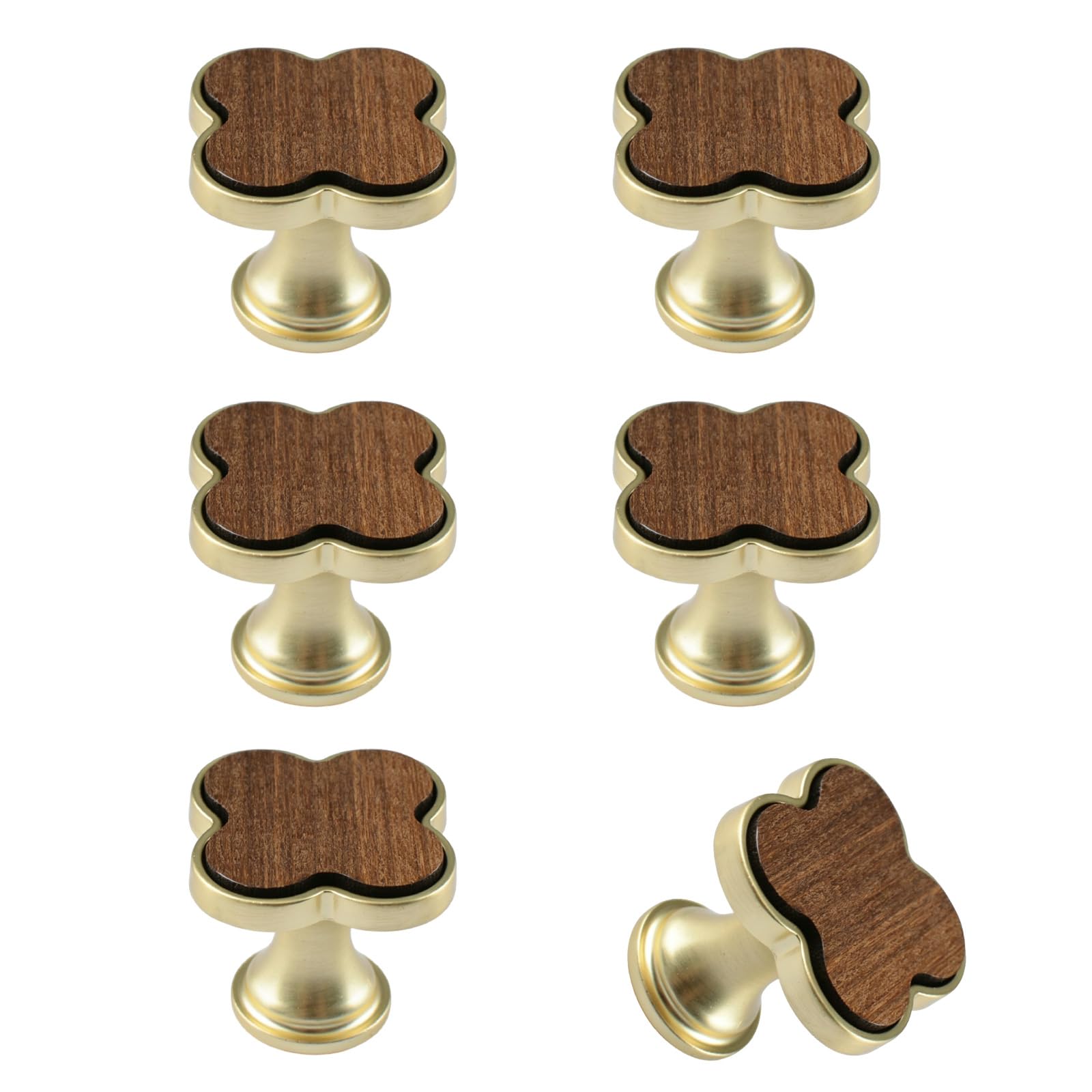 MOROBOR 6 PCS Four-Leaf Clover Handle, Creative Cabinet Drawer Pulls Multifunctional Single Hole Zinc Alloy Knobs for Wardrobe Dresser Door Furniture Accessories/Gold Base with Walnut Surface