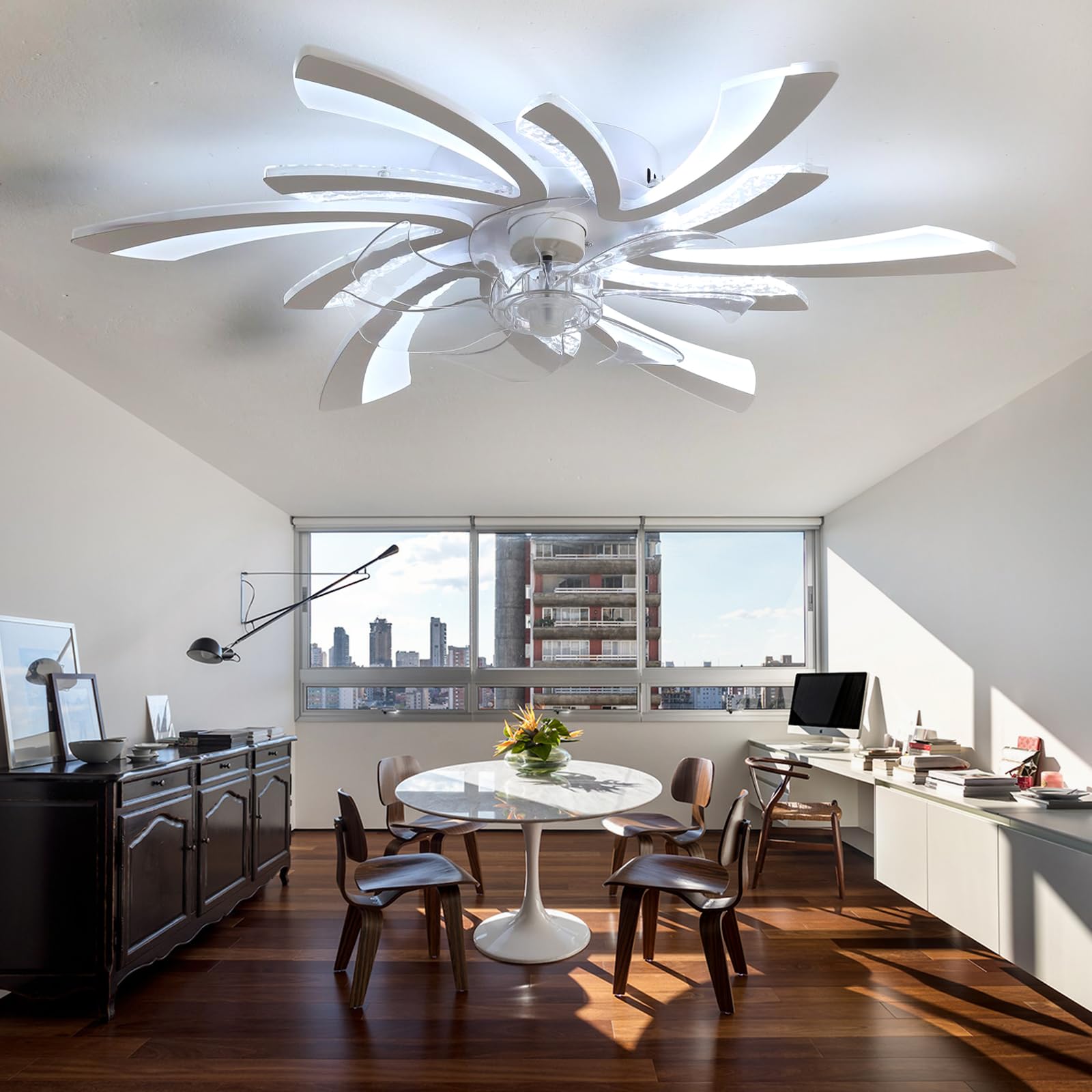 SXDMOUBK Modern LED Ceiling Fans with Lights Dimmable Silent DC Fan Light Ceiling Reversible Timer Bedroom Living Room Ceiling Fans with Lamps Smart Remote Control APP-White