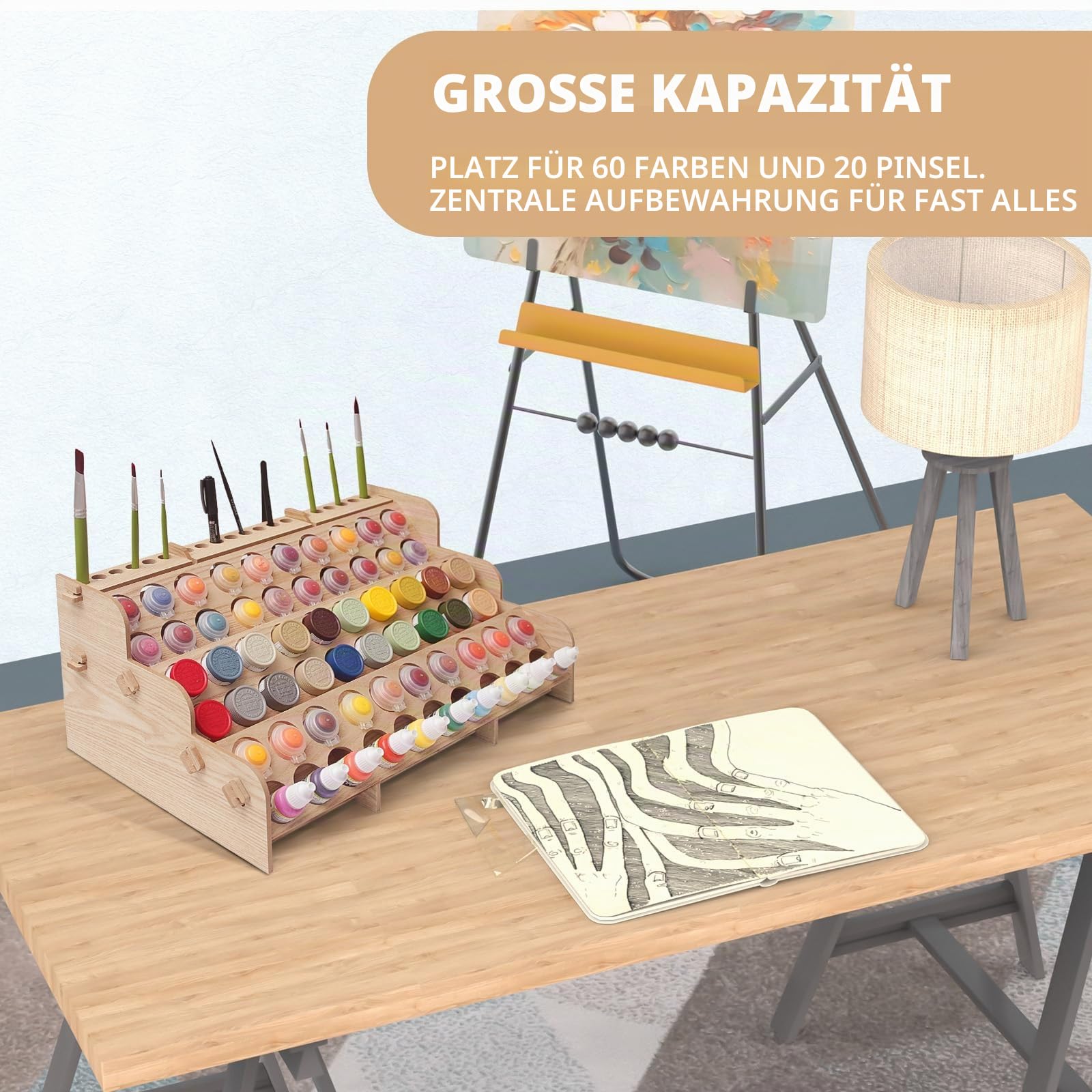 Großer Farb-Organizer aus Holz mit 60 Flaschen, 60 Flaschen, Pinselregal für Acryl, Öl, Handwerk, Hobby, Mini-Modellfarbe, Mal-Organizer für Künstler (horizontal)