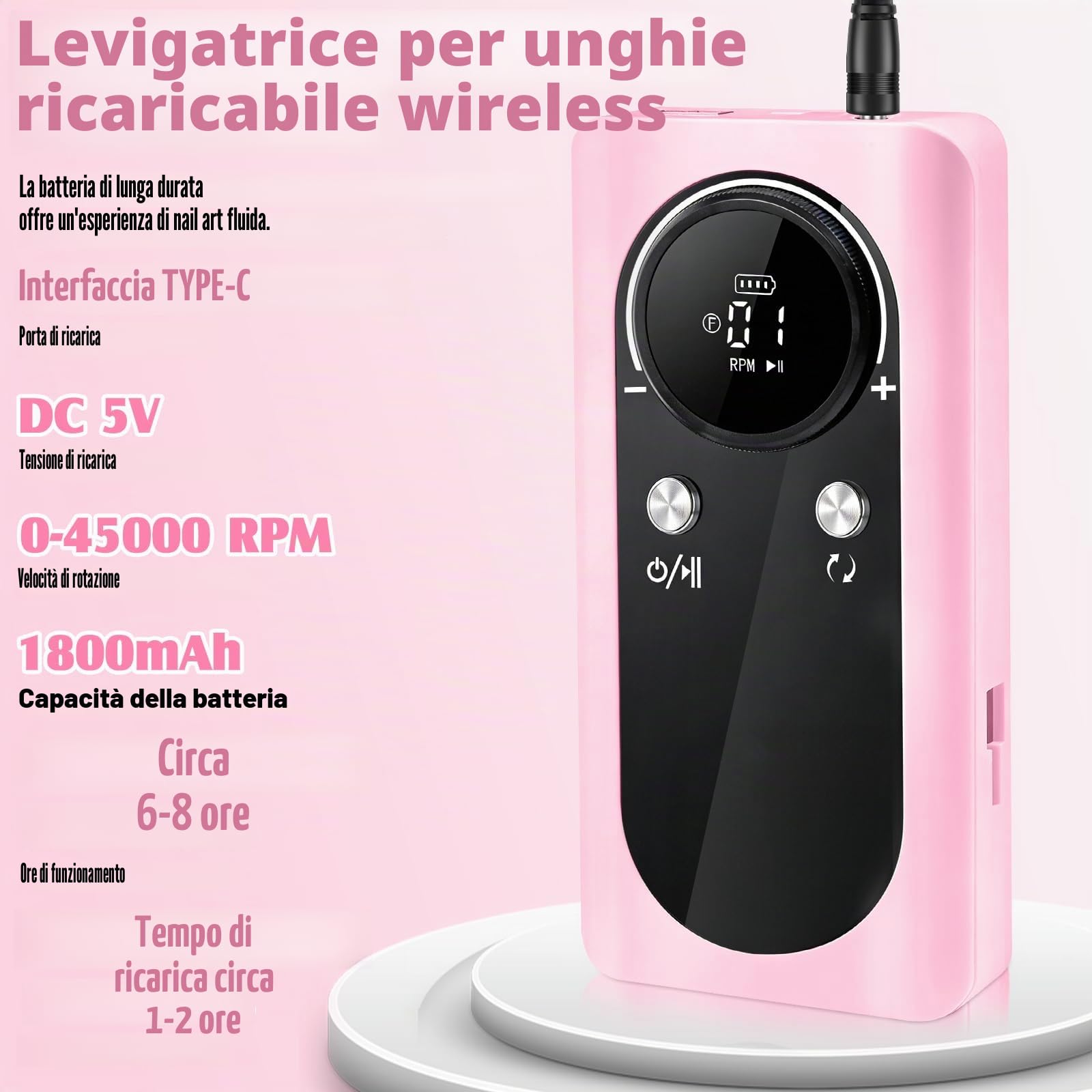 Fresa per Unghie Professionale 45000 Rpm, 13 in 1 Lima Unghie Elettrico Con Display Lcd, Velocità Regolabile, Portatile,Ricaricabile Micromotore, Kit per Manicure E Pedicure